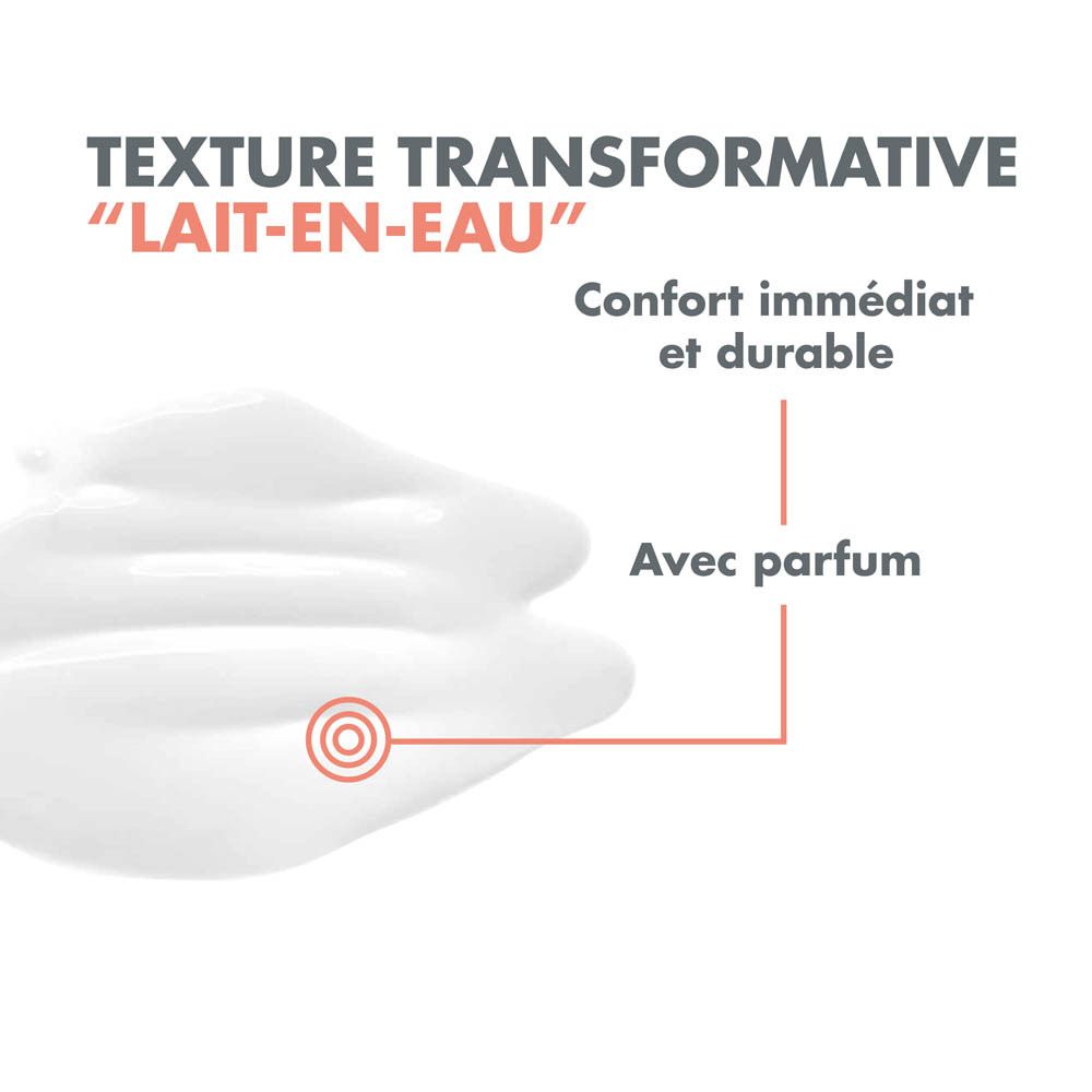 Illustration de texture : lait-en-eau. Confort immédiat et durable. Avec parfum.