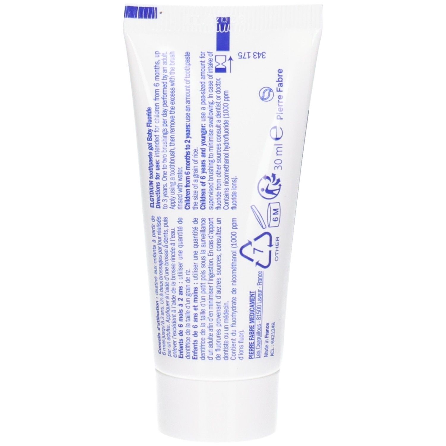 Rückseite der Elgydium Baby Fluor Zahnpasta-Gel Tube mit Anwendungshinweisen und Inhaltsstoffen.