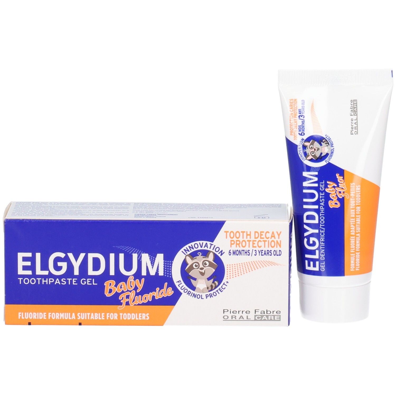 Elgydium Baby Fluor Zahnpasta-Gel Tube und Verpackungsbox, beide mit Informationen zum Kariesschutz.