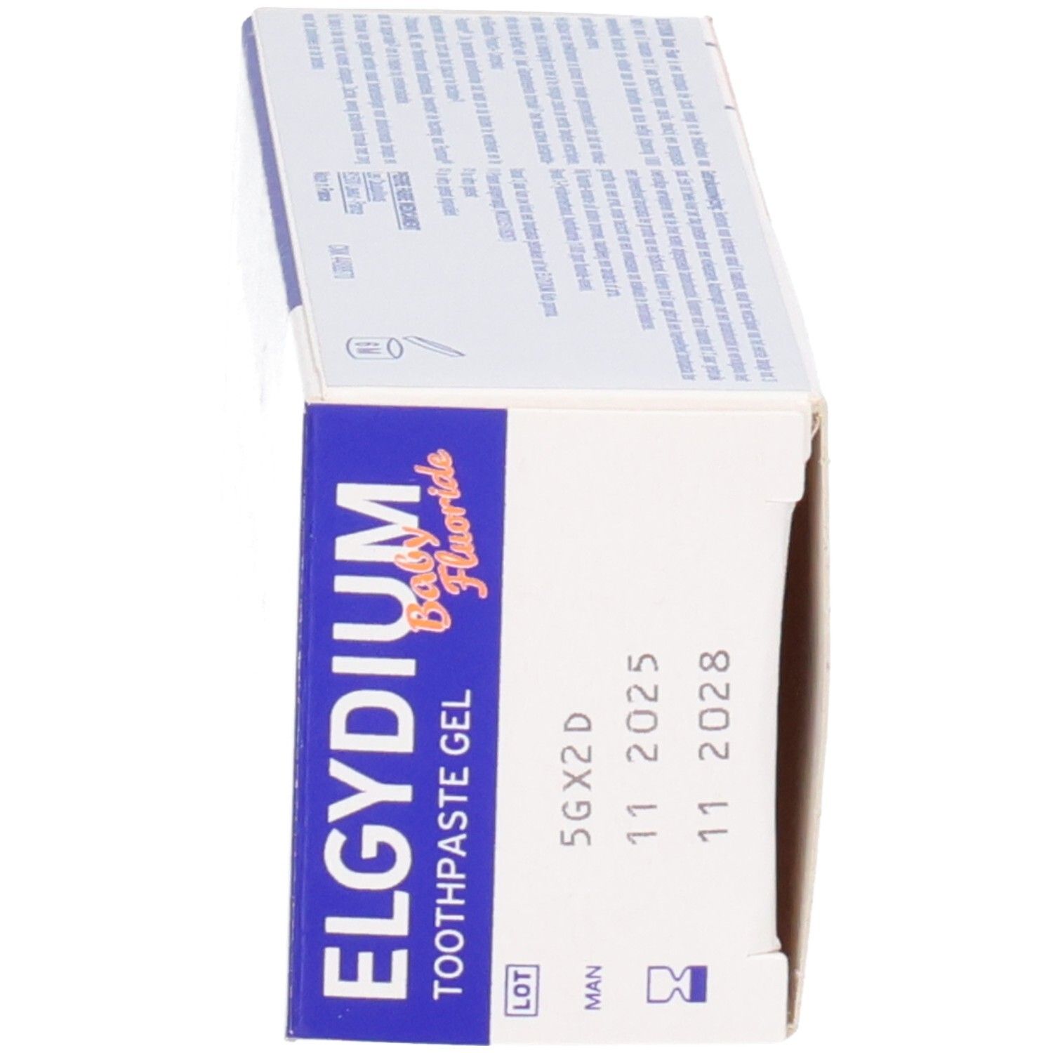Elgydium Baby Fluor Zahnpasta-Gel Verpackungsbox mit Chargennummer und Haltbarkeitsdatum.