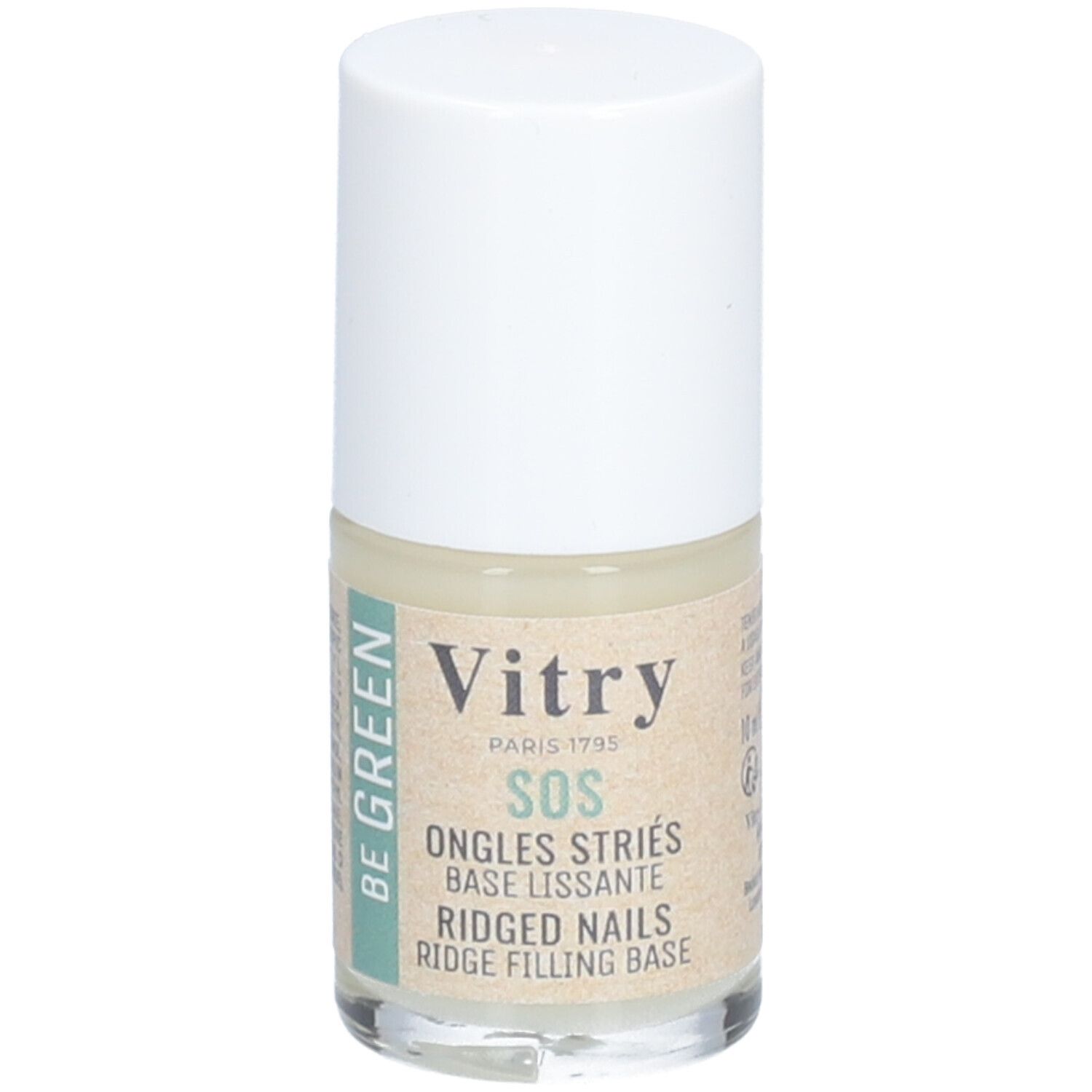 Vitr SOS Glättender Unterlack. Flasche mit weißem Deckel. Aufschrift: SOS Ongles Striés, Base Lissante, Ridged Nails, Ridge Filling Base.