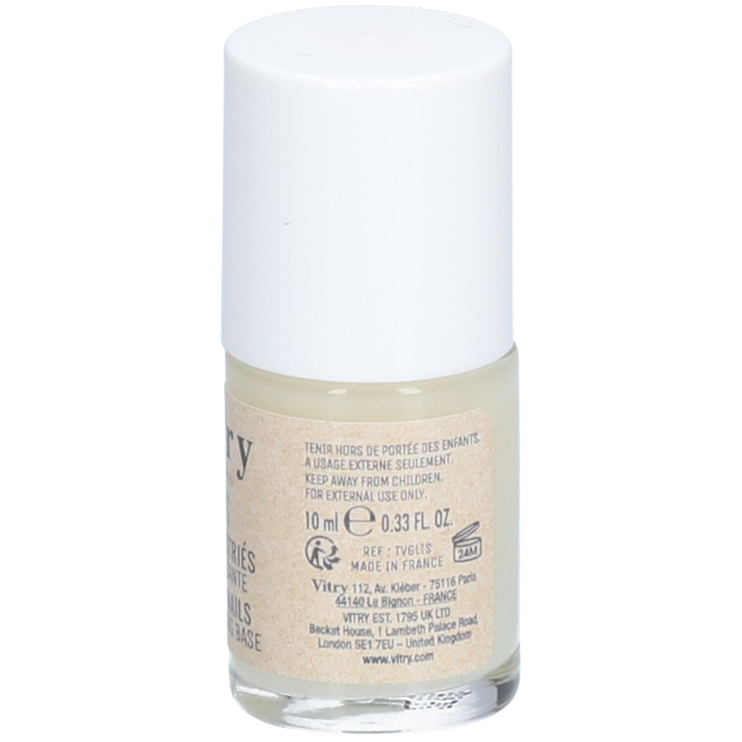 Vitr SOS Glättender Unterlack. Flasche mit weißem Deckel. Aufschrift: 10 ml, 0.33 fl oz. Herstellerinformationen.