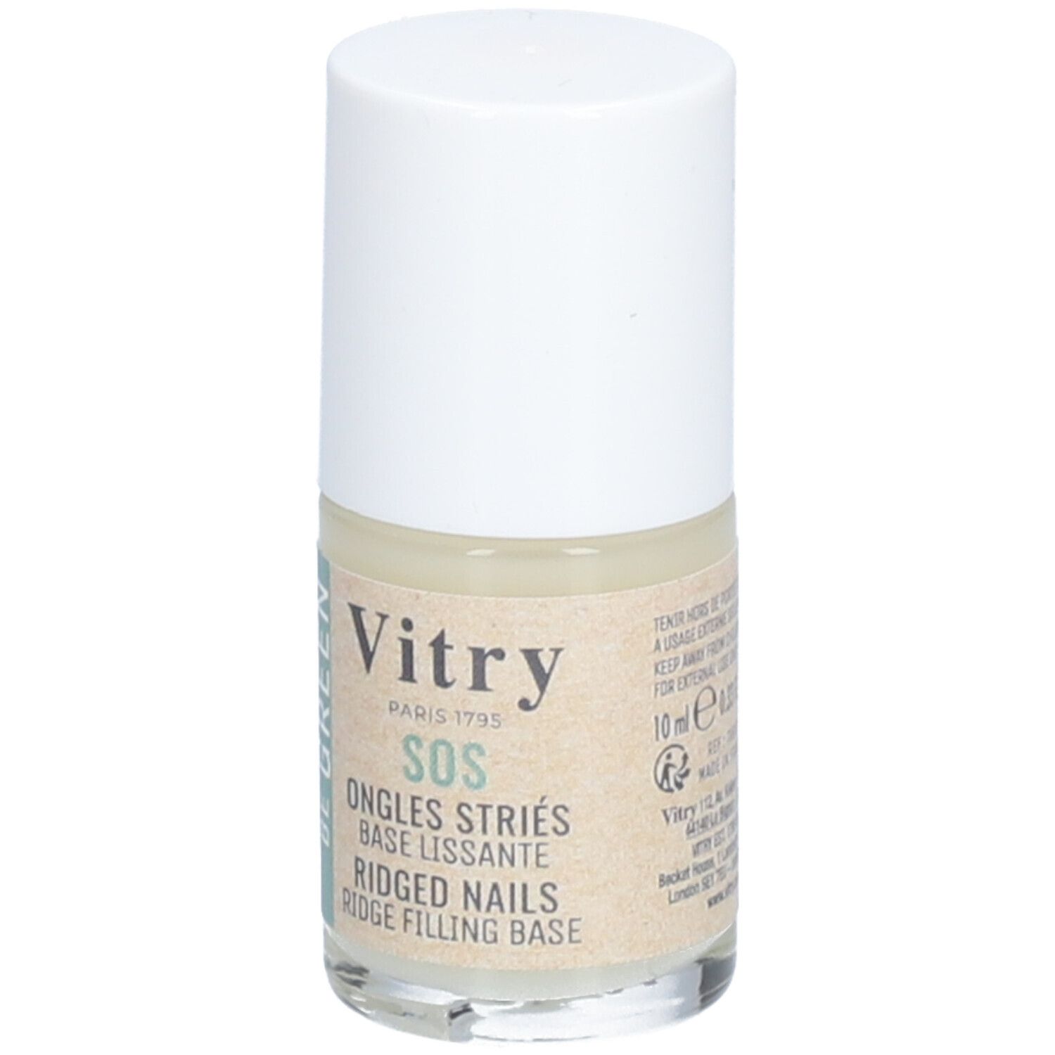 Vitr SOS Glättender Unterlack. Flasche mit weißem Deckel. Aufschrift: SOS Ongles Striés, Base Lissante, Ridged Nails, Ridge Filling Base.