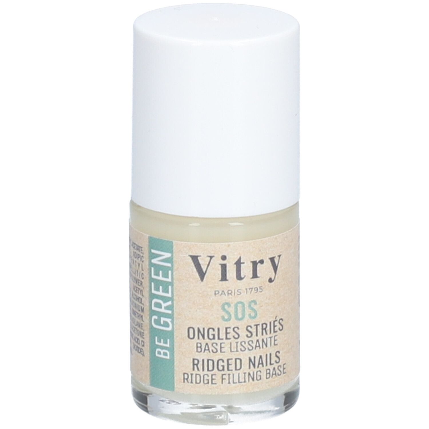 Vitr SOS Glättender Unterlack. Flasche mit weißem Deckel. Aufschrift: SOS Ongles Striés, Base Lissante, Ridged Nails, Ridge Filling Base. Be Green-Logo.