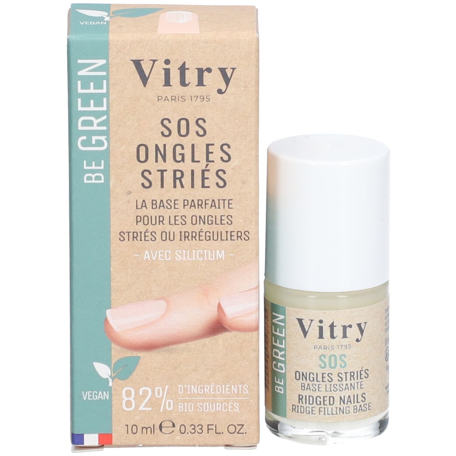 Vitr SOS Glättender Unterlack und Verpackung. Aufschrift: SOS Ongles Striés, Base Lissante, Ridged Nails, Ridge Filling Base. 82% Bio-Quellen.