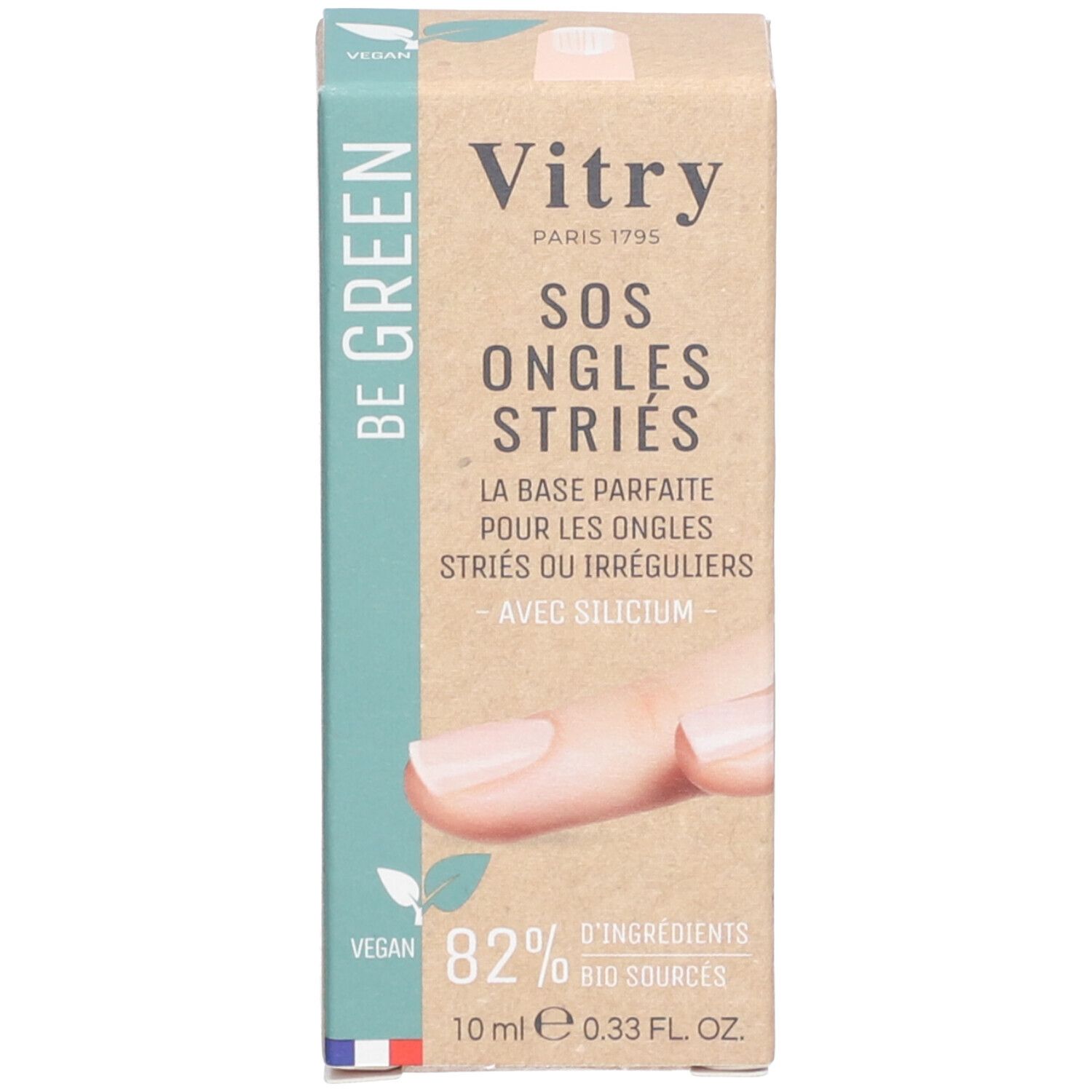 Verpackung Vitr SOS Glättender Unterlack. Aufschrift: SOS Ongles Striés, Base Lissante, Ridged Nails, Ridge Filling Base. 82% Bio-Quellen.