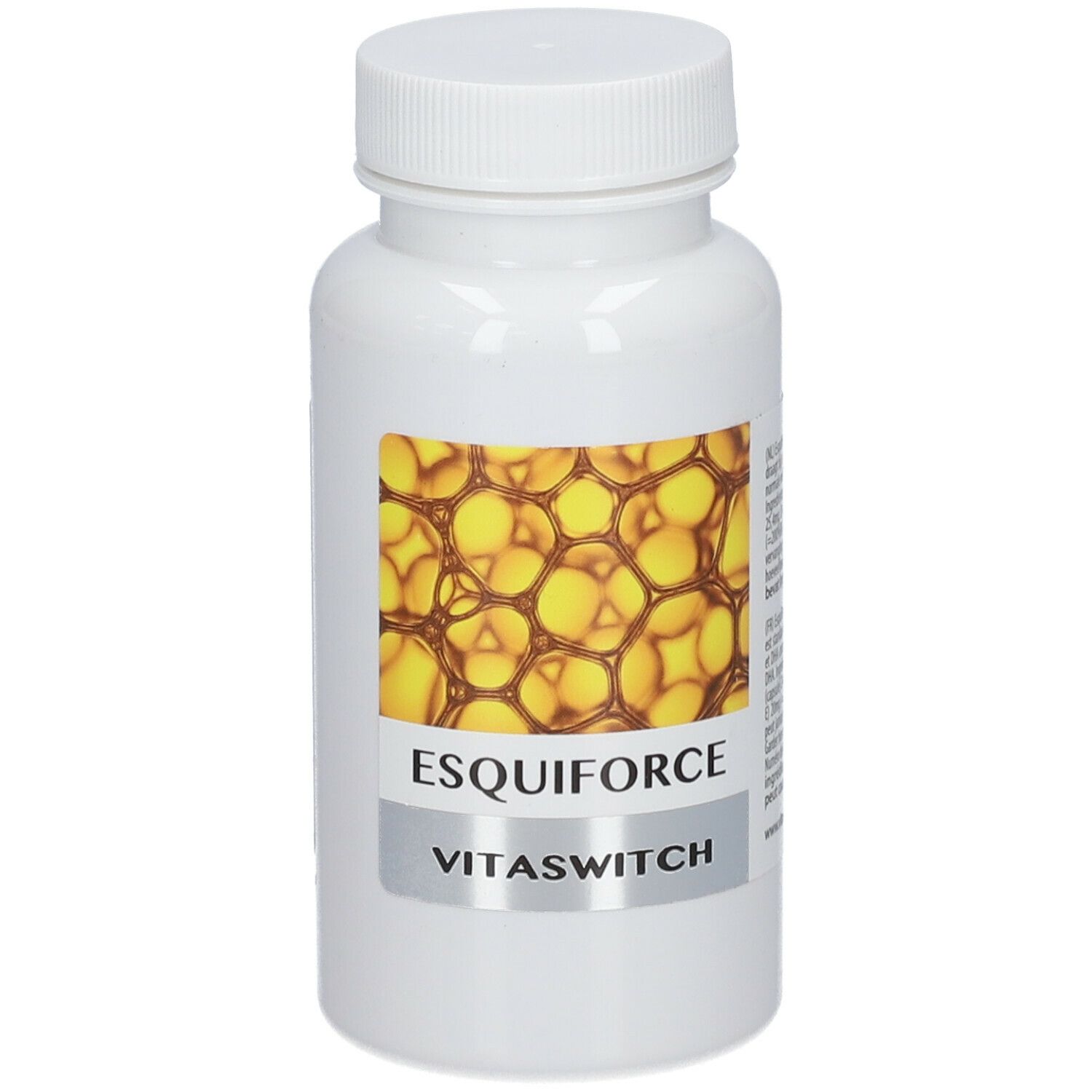 Flacon blanc avec étiquette ESQUIFORCE et logo VITASWITCH. Motif jaune. Bouchon sur le dessus.
