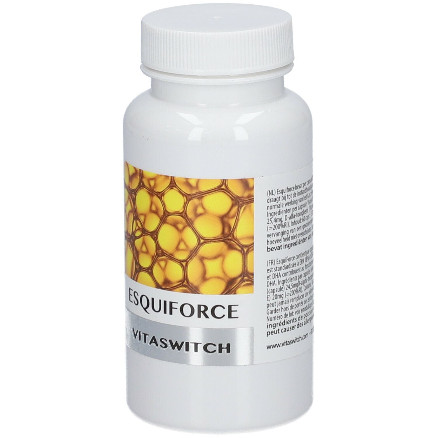 Flacon blanc avec étiquette ESQUIFORCE et logo VITASWITCH. Motif jaune. Bouchon sur le dessus.