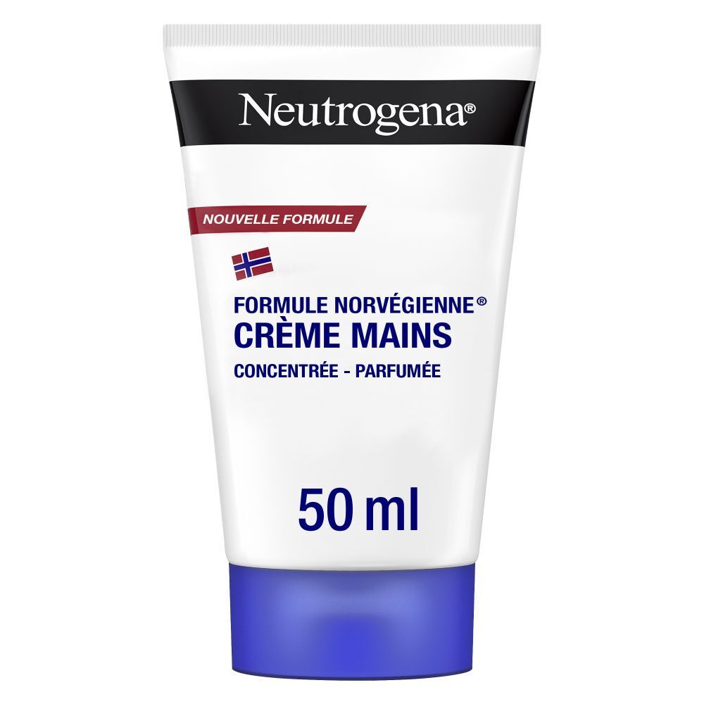 Tube de crème pour les mains, blanc et bleu. Marque Neutrogena. Texte: Crème mains concentrée parfumée, 50 ml.