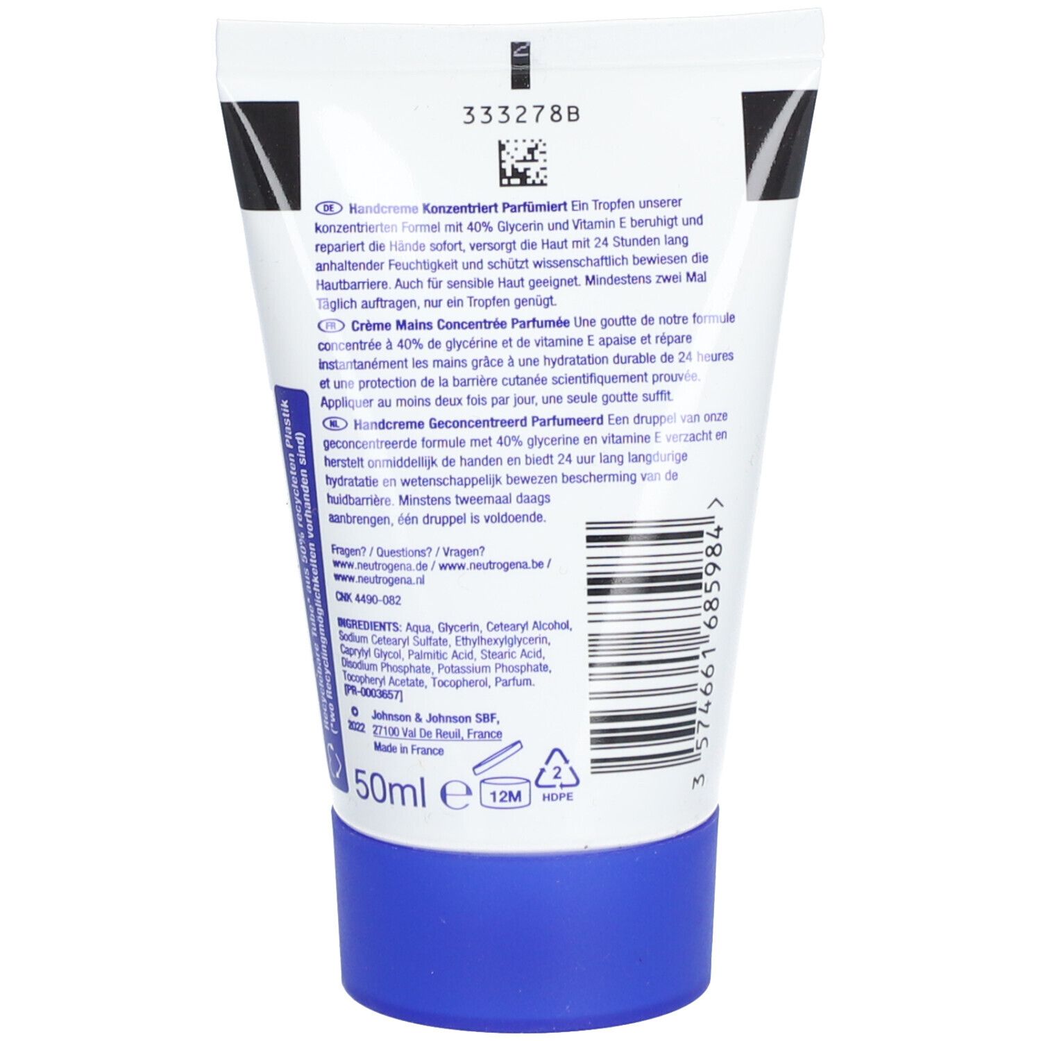 Dos du tube de crème pour les mains. Texte: Ingrédients, informations fabricant, 50ml, symbole 12M.