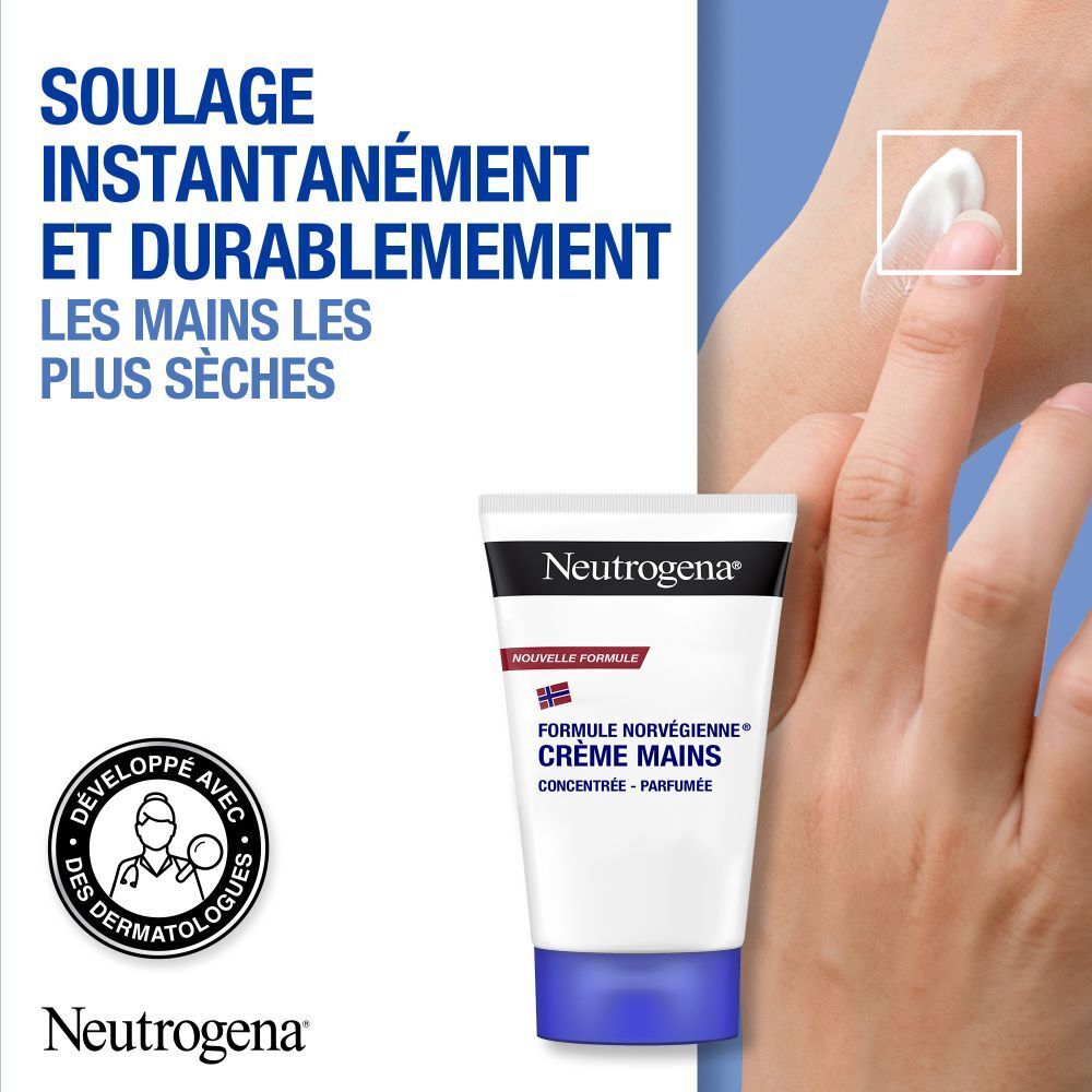 Tube de crème pour les mains et main. Texte: Soulage instantanément et durablement les mains les plus sèches.