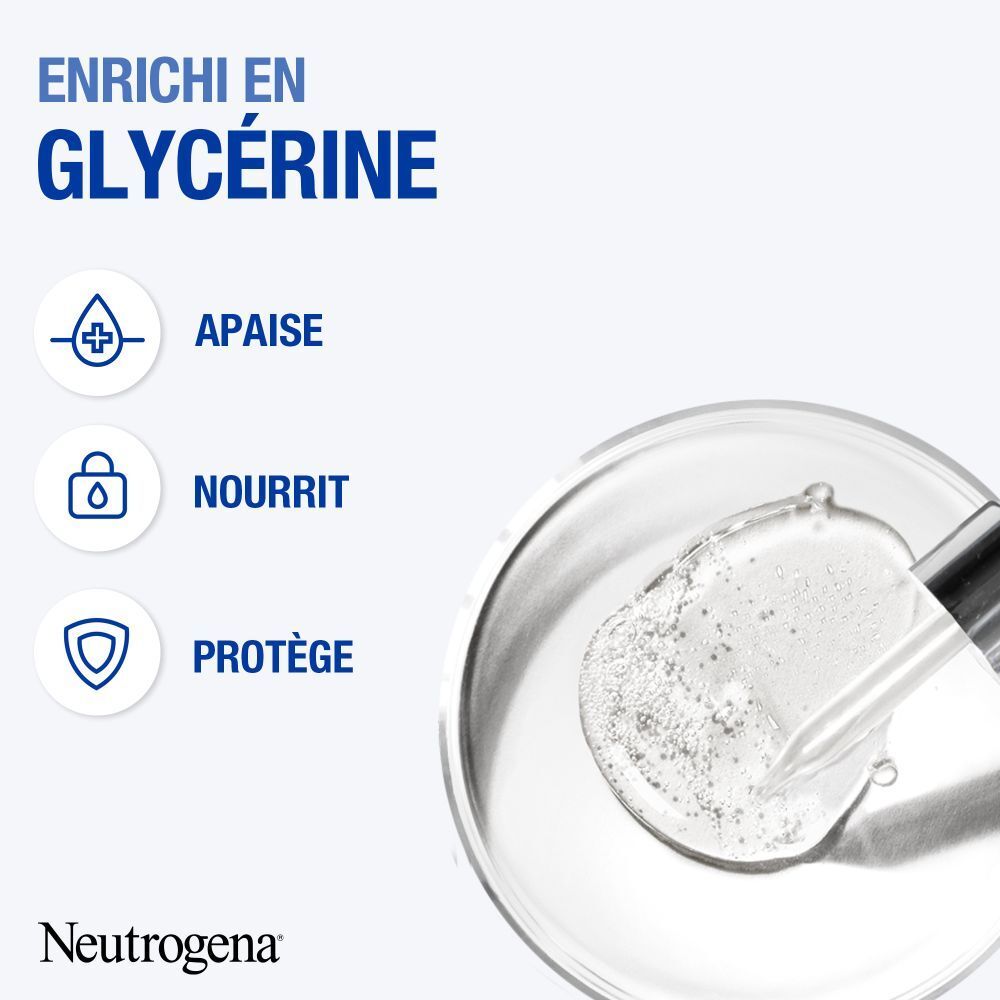 Gros plan d'un liquide dans un récipient. Texte: Enrichi en glycérine. Apaise, nourrit, protège.