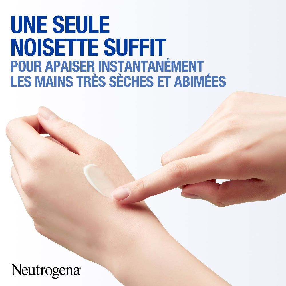 Main avec crème. Texte: Une seule noisette suffit pour apaiser instantanément les mains très sèches.