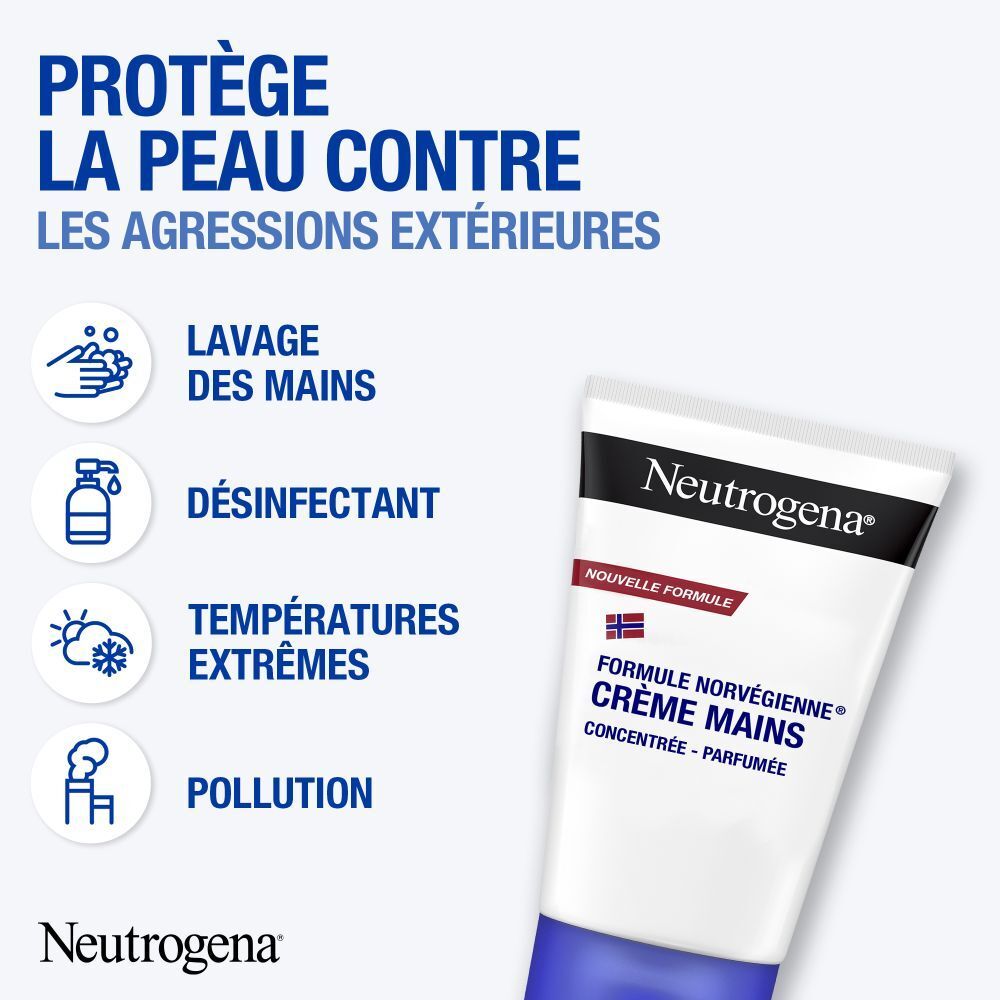 Tube de crème pour les mains et symboles. Texte: Protège la peau contre les agressions extérieures.