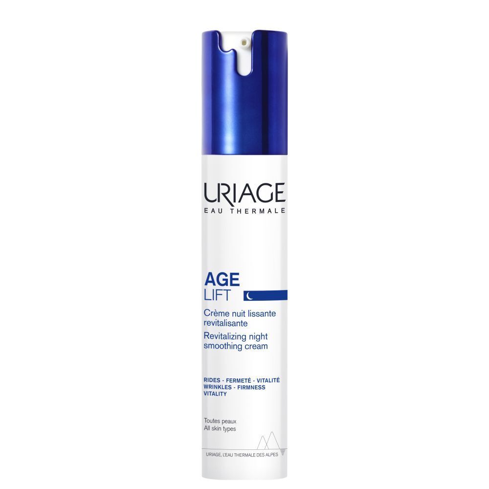 Tube blanche et bleue. Inscription: URIAGE, AGE LIFT, Crème nuit lissante revitalisante.