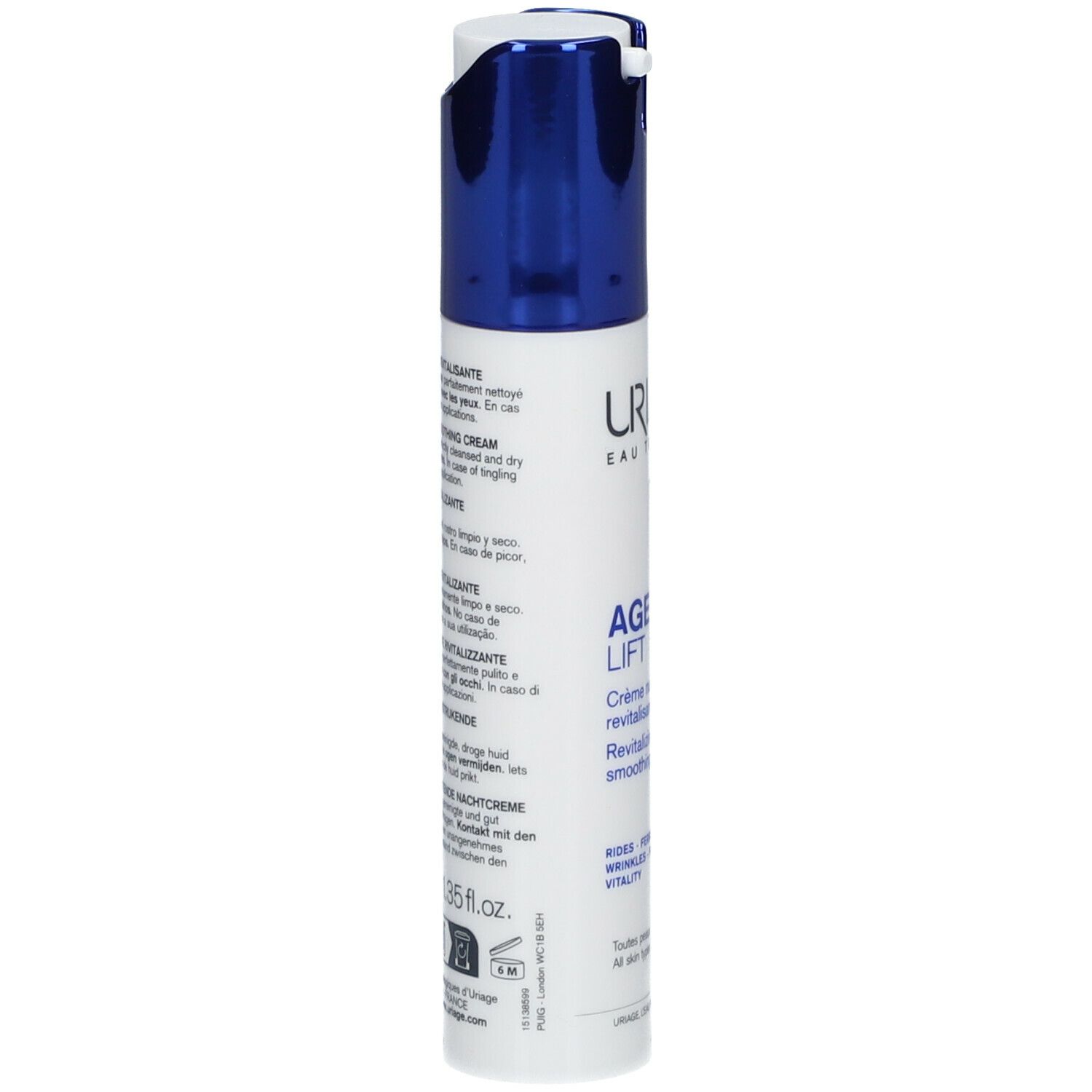 Vue du produit. Inscription: URIAGE, AGE LIFT, Crème nuit lissante revitalisante. Texte multilingue.