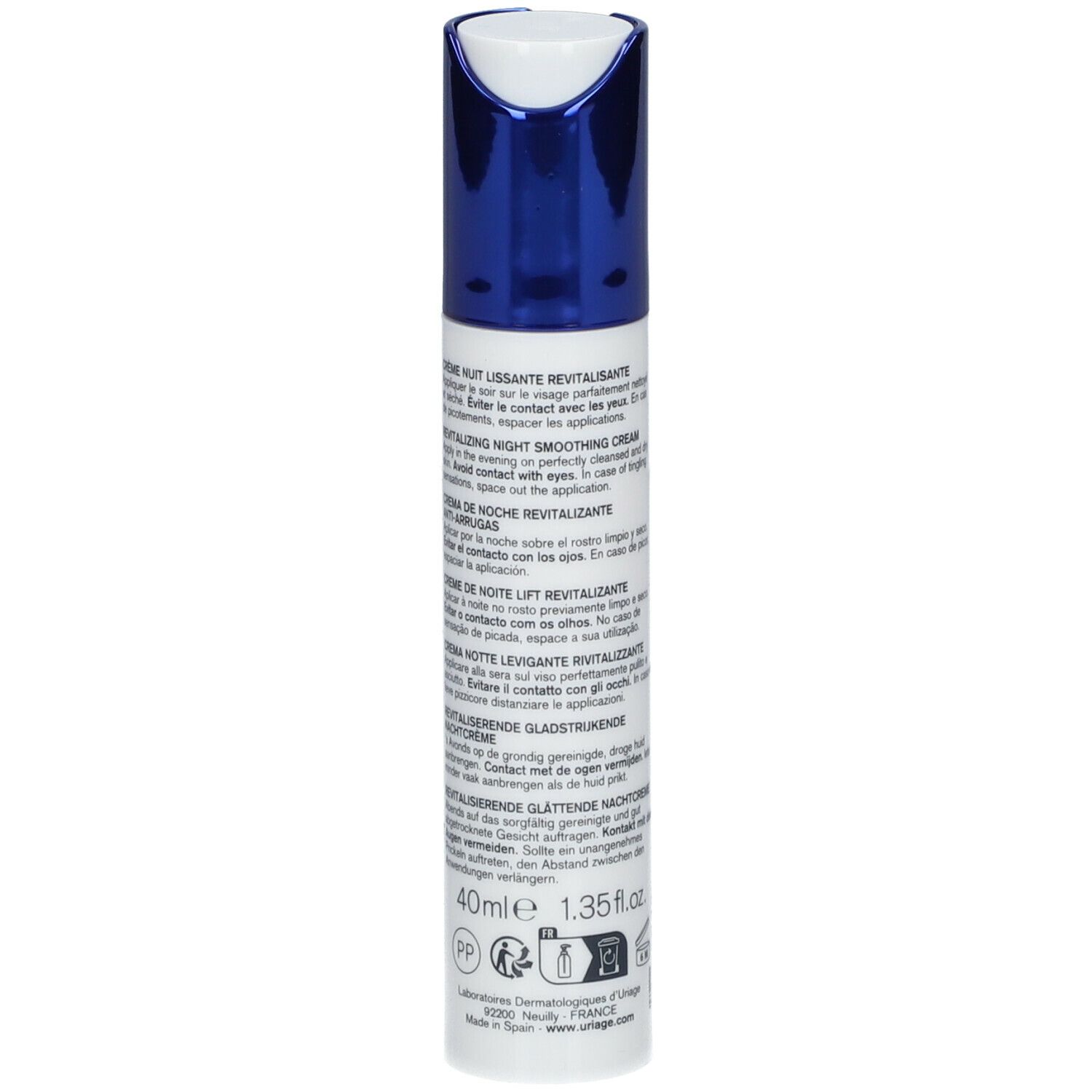 Dos du tube. Texte multilingue. Inscription: 40ml, 1.35 fl.oz.