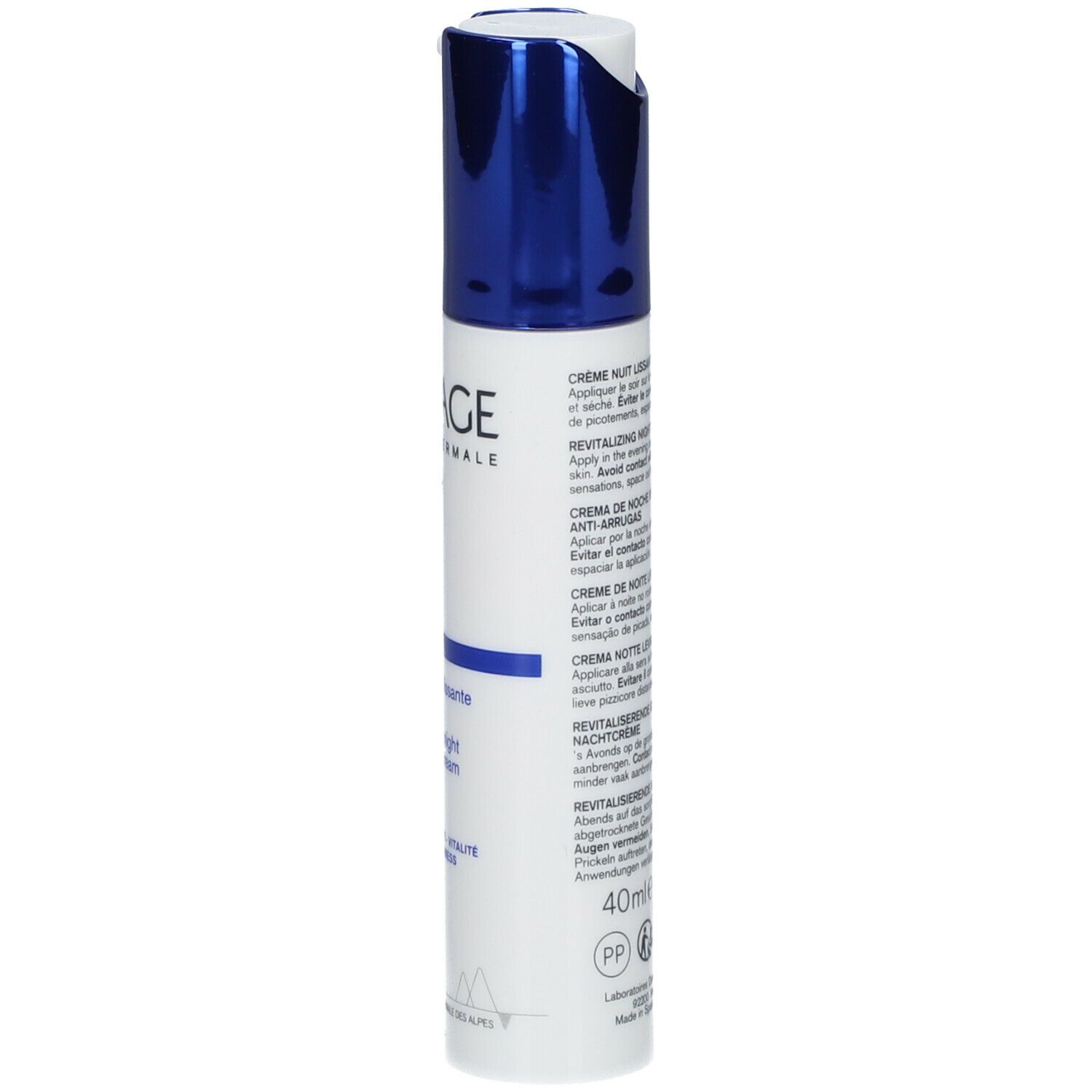 Dos du tube. Texte multilingue. Inscription: 40ml, 1.35 fl.oz.