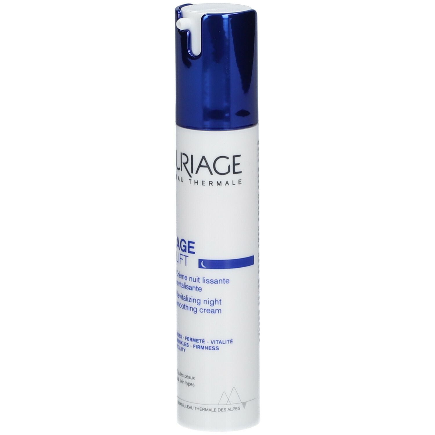 Tube blanche et bleue. Inscription: URIAGE, AGE LIFT, Crème nuit lissante revitalisante.