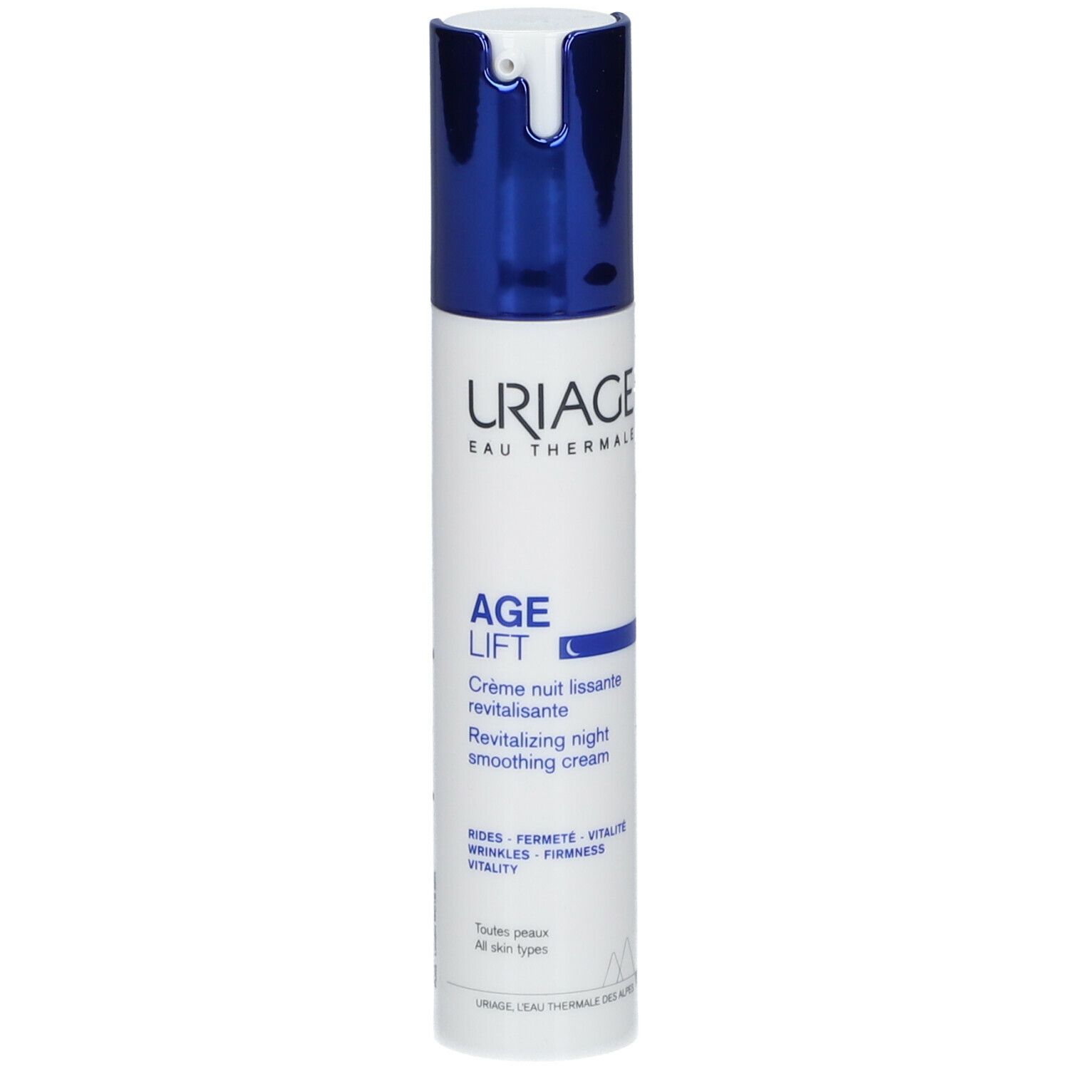 Tube blanche et bleue. Inscription: URIAGE, AGE LIFT, Crème nuit lissante revitalisante.