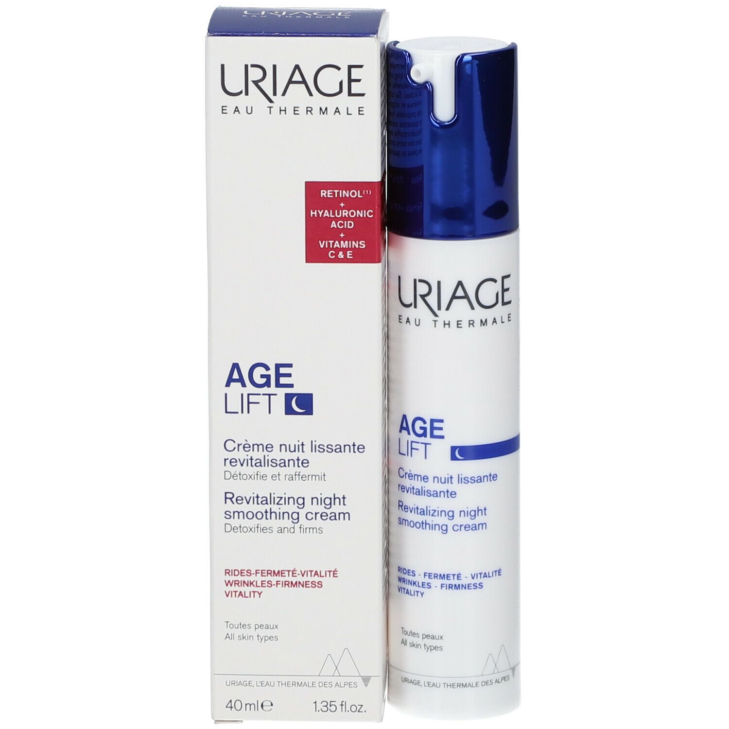 Produit avec emballage. Inscription: URIAGE, AGE LIFT, Crème nuit lissante revitalisante. Boîte avec ingrédients.