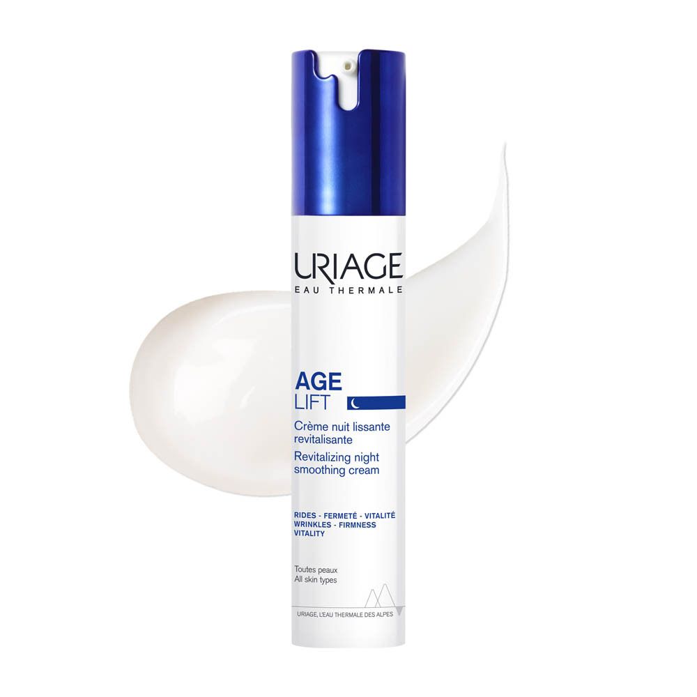 Produit avec étalement de crème. Inscription: URIAGE, AGE LIFT, Crème nuit lissante revitalisante.