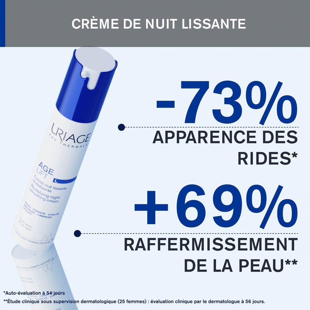 Graphique avec texte. -73% Apparence des rides, +69% Raffermissement de la peau. Produit: AGE LIFT.