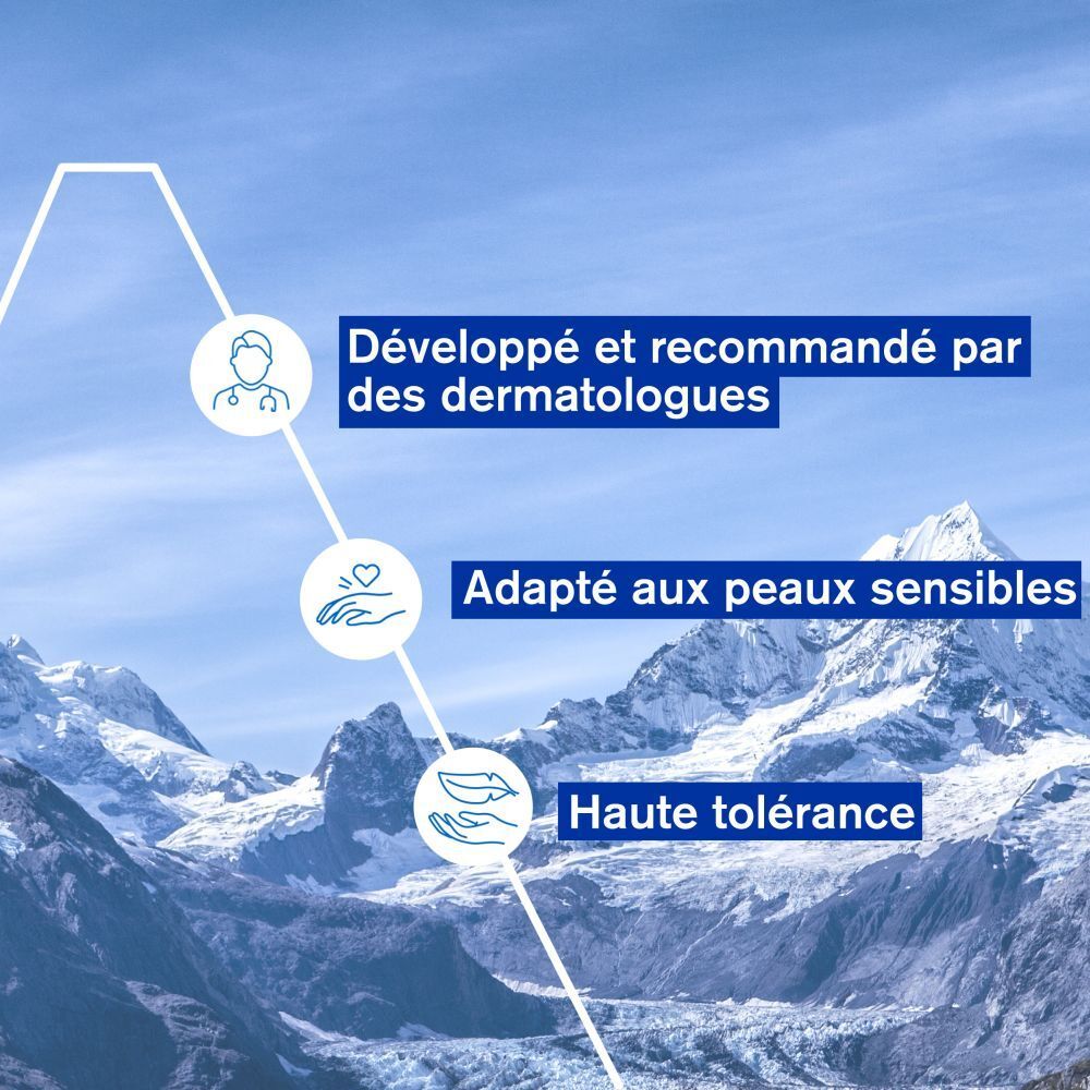 Graphique avec texte. Développé et recommandé par des dermatologues. Peaux sensibles. Haute tolérance.