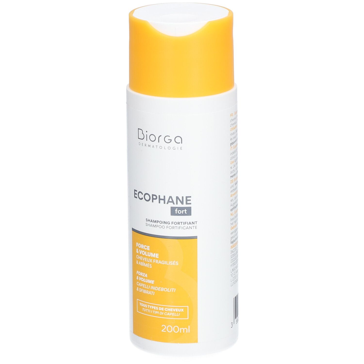 Weiße Flasche mit gelbem Deckel. Aufschrift: Ecophane fort, Force & Volume. 200ml.
