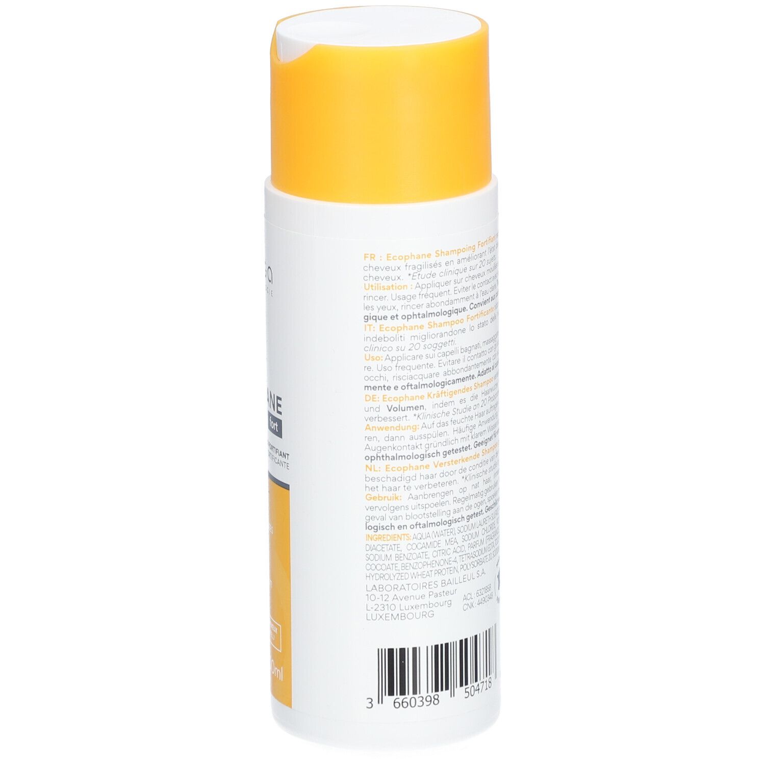 Rückseite der weißen Flasche mit gelbem Deckel. Text und Barcode.