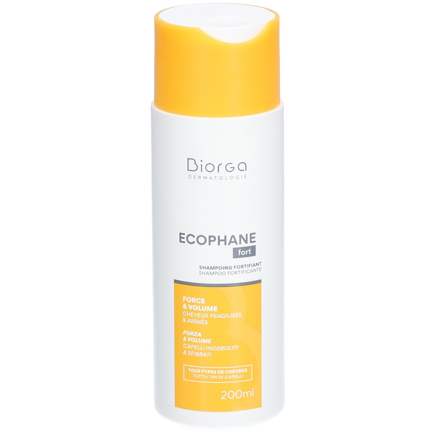 Weiße Flasche mit gelbem Deckel. Aufschrift: Ecophane fort, Force & Volume. 200ml.