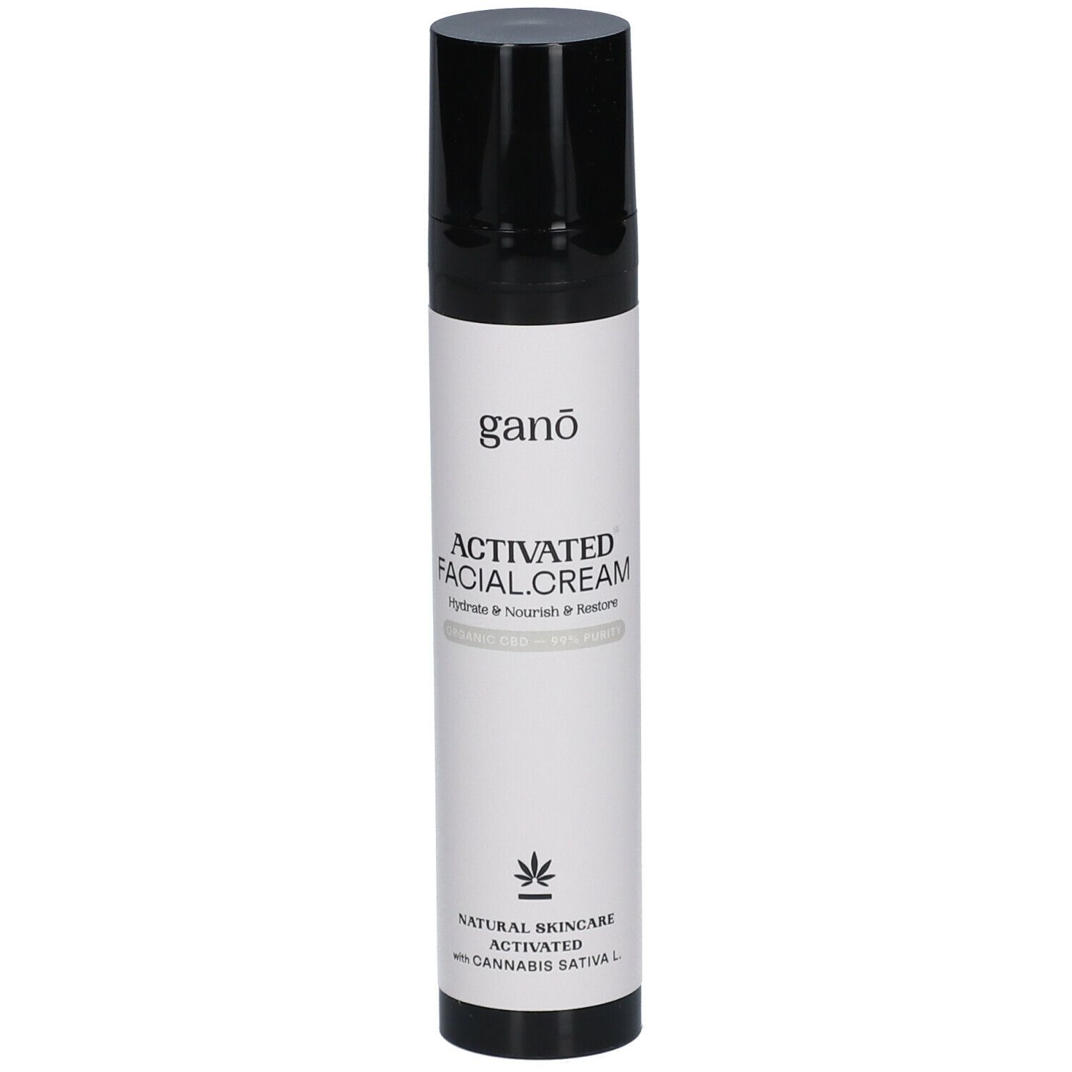 Flacon cylindrique noir et blanc. Inscriptions: ganō, ACTIVATED FACIAL.CREAM, NATURAL SKINCARE, avec Cannabis sativa L.