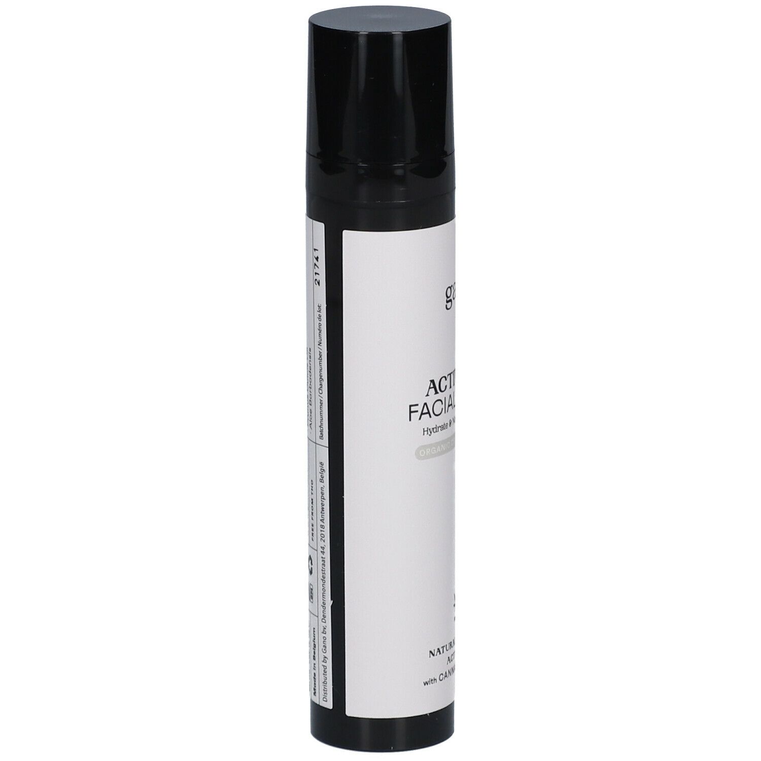 Flacon cylindrique noir et blanc. Inscriptions: ganō, ACTIVATED FACIAL.CREAM, NATURAL SKINCARE, avec Cannabis sativa L.