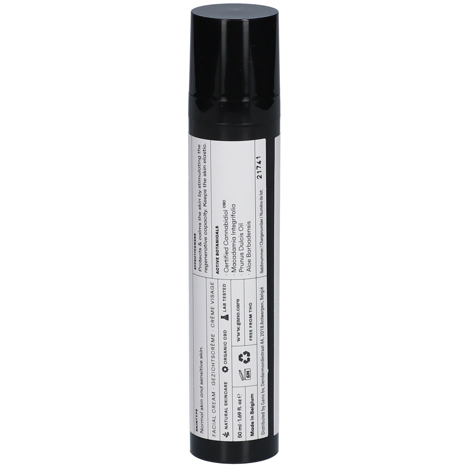 Flacon cylindrique noir et blanc. Inscriptions: ganō, ACTIVATED FACIAL.CREAM, NATURAL SKINCARE, avec Cannabis sativa L.
