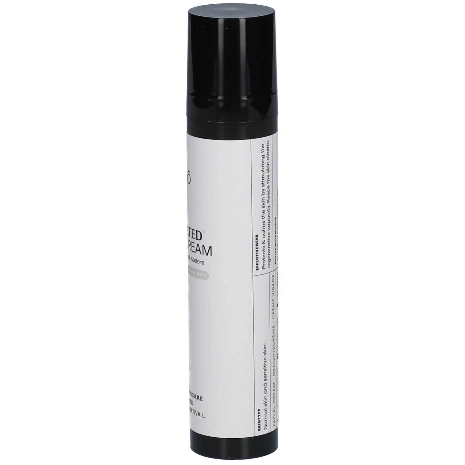 Flacon cylindrique noir et blanc. Inscriptions: ganō, ACTIVATED FACIAL.CREAM, NATURAL SKINCARE, avec Cannabis sativa L.