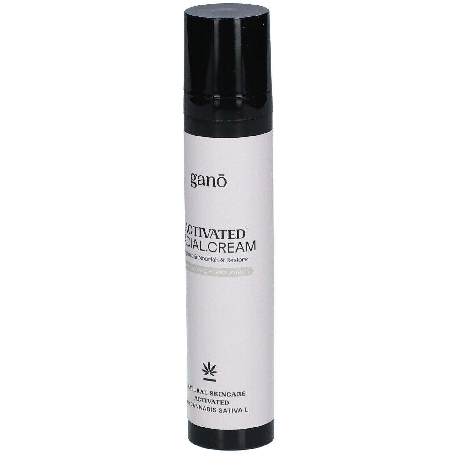 Flacon cylindrique noir et blanc. Inscriptions: ganō, ACTIVATED FACIAL.CREAM, NATURAL SKINCARE, avec Cannabis sativa L.