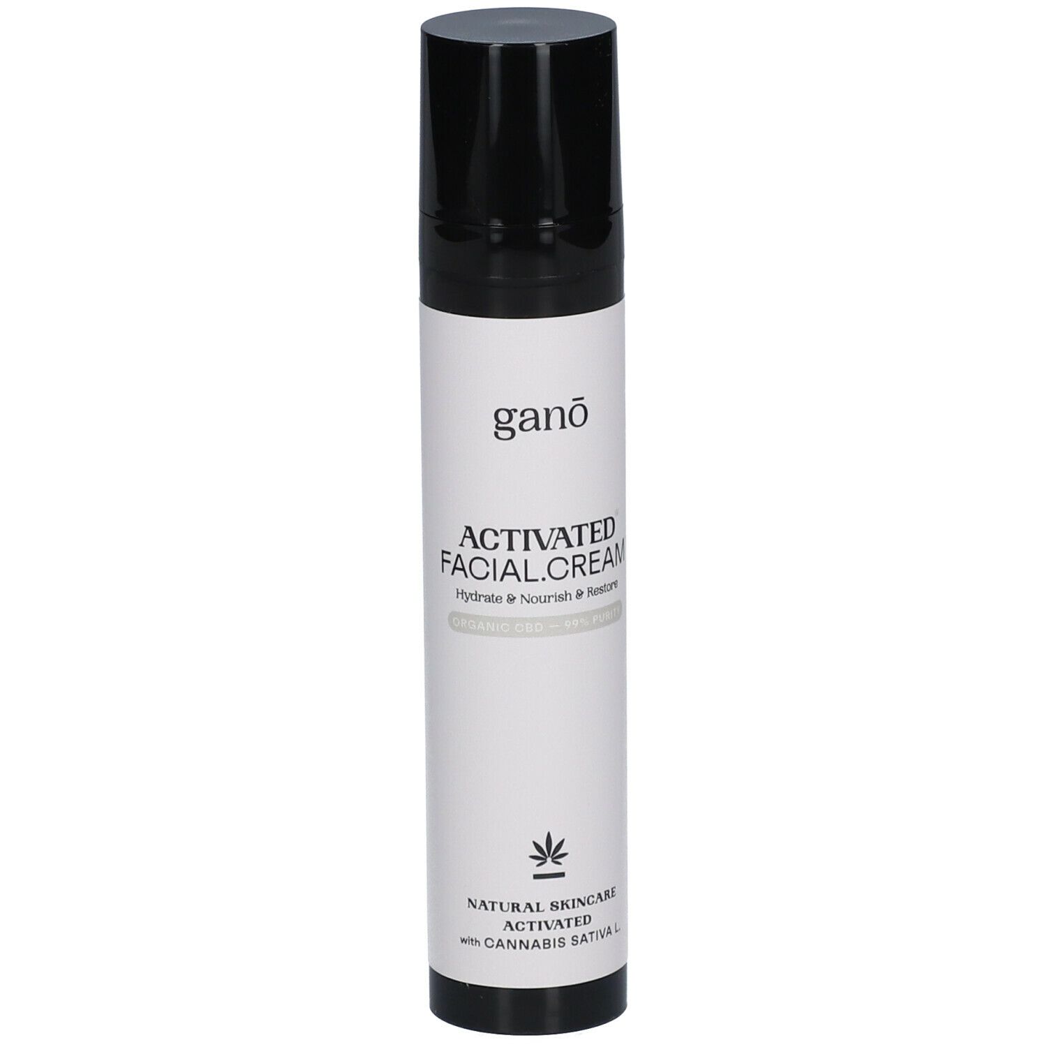 Flacon cylindrique noir et blanc. Inscriptions: ganō, ACTIVATED FACIAL.CREAM, NATURAL SKINCARE, avec Cannabis sativa L.