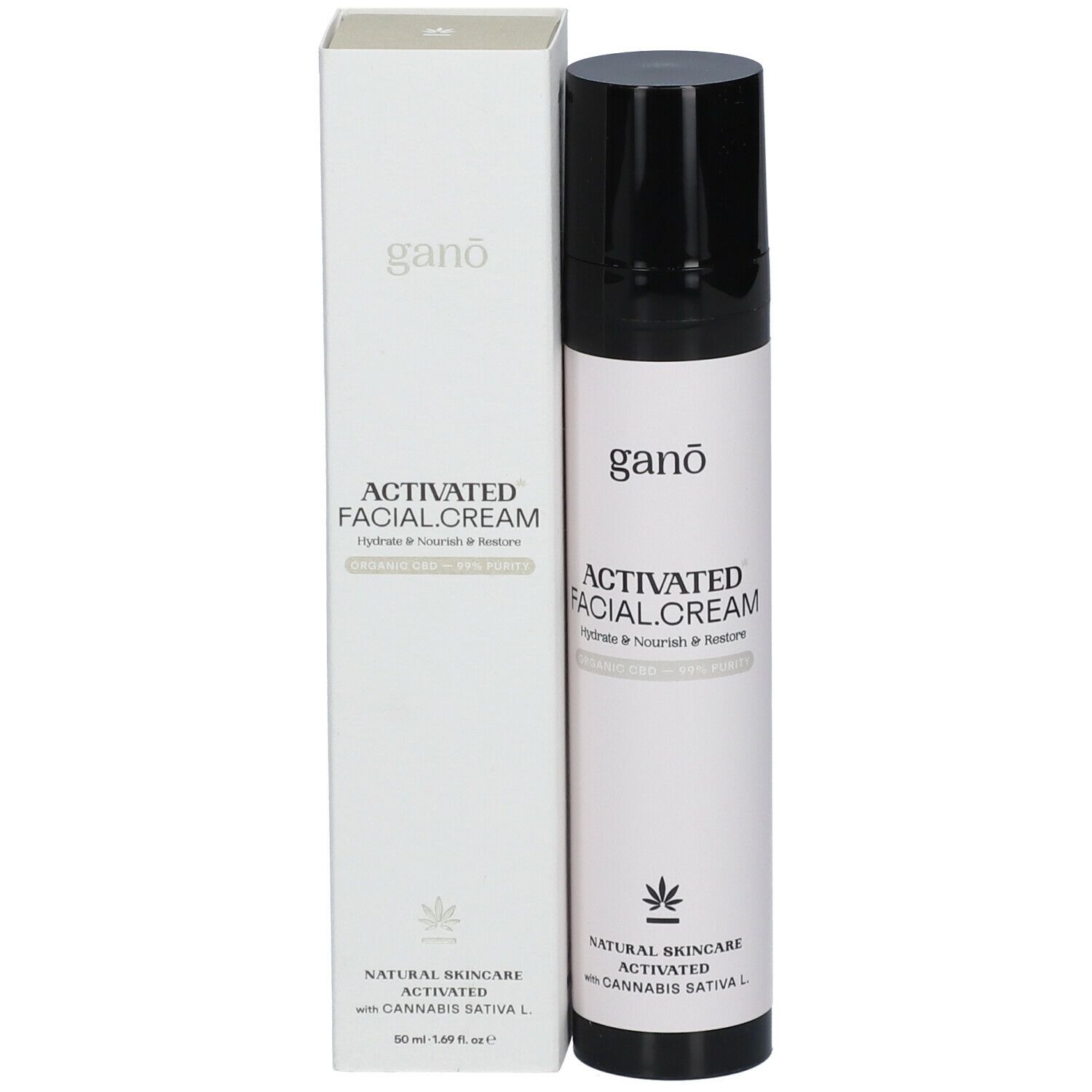 Flacon et emballage. Inscriptions: ganō, ACTIVATED FACIAL.CREAM, NATURAL SKINCARE, avec Cannabis sativa L.