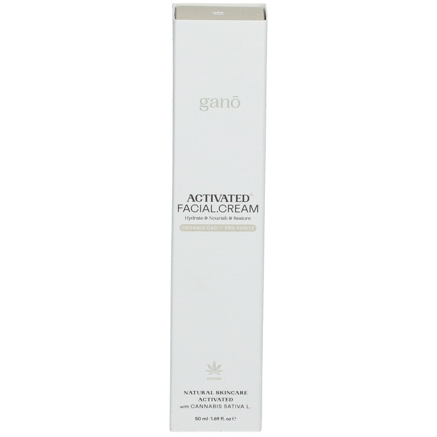 Emballage du produit. Inscriptions: ganō, ACTIVATED FACIAL.CREAM, NATURAL SKINCARE, avec Cannabis sativa L.