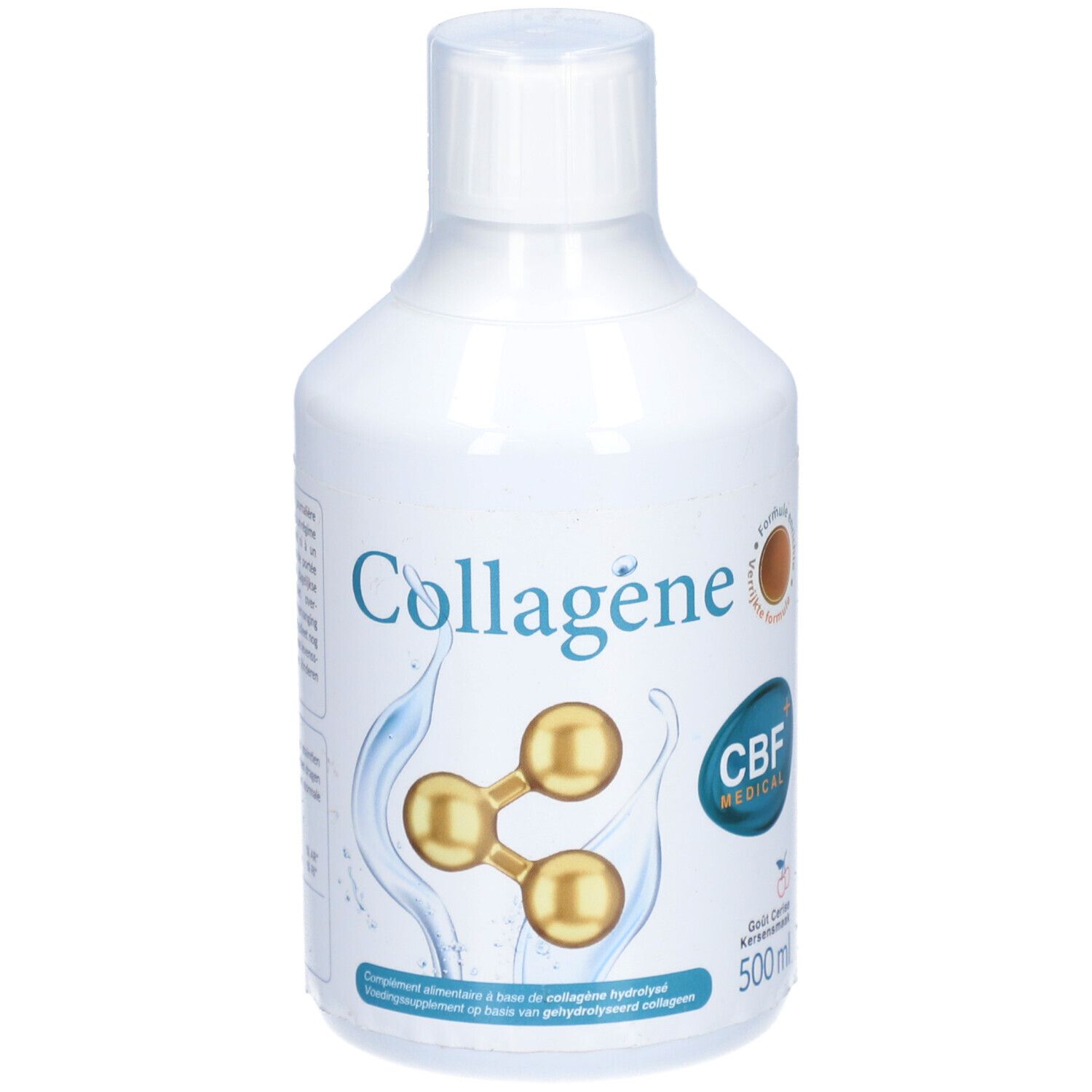 Bouteille blanche de CBF Collagène. Inscription Collagène, illustration de molécules, logo CBF Medical. 500ml.