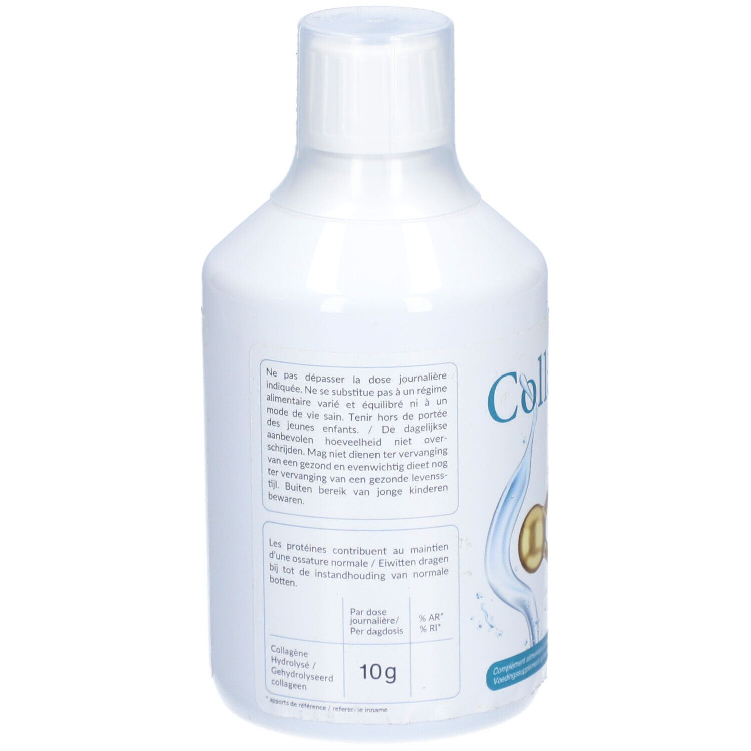 Bouteille blanche de CBF Collagène. Texte informatif, dont 10g de collagène par dose. Vue arrière.