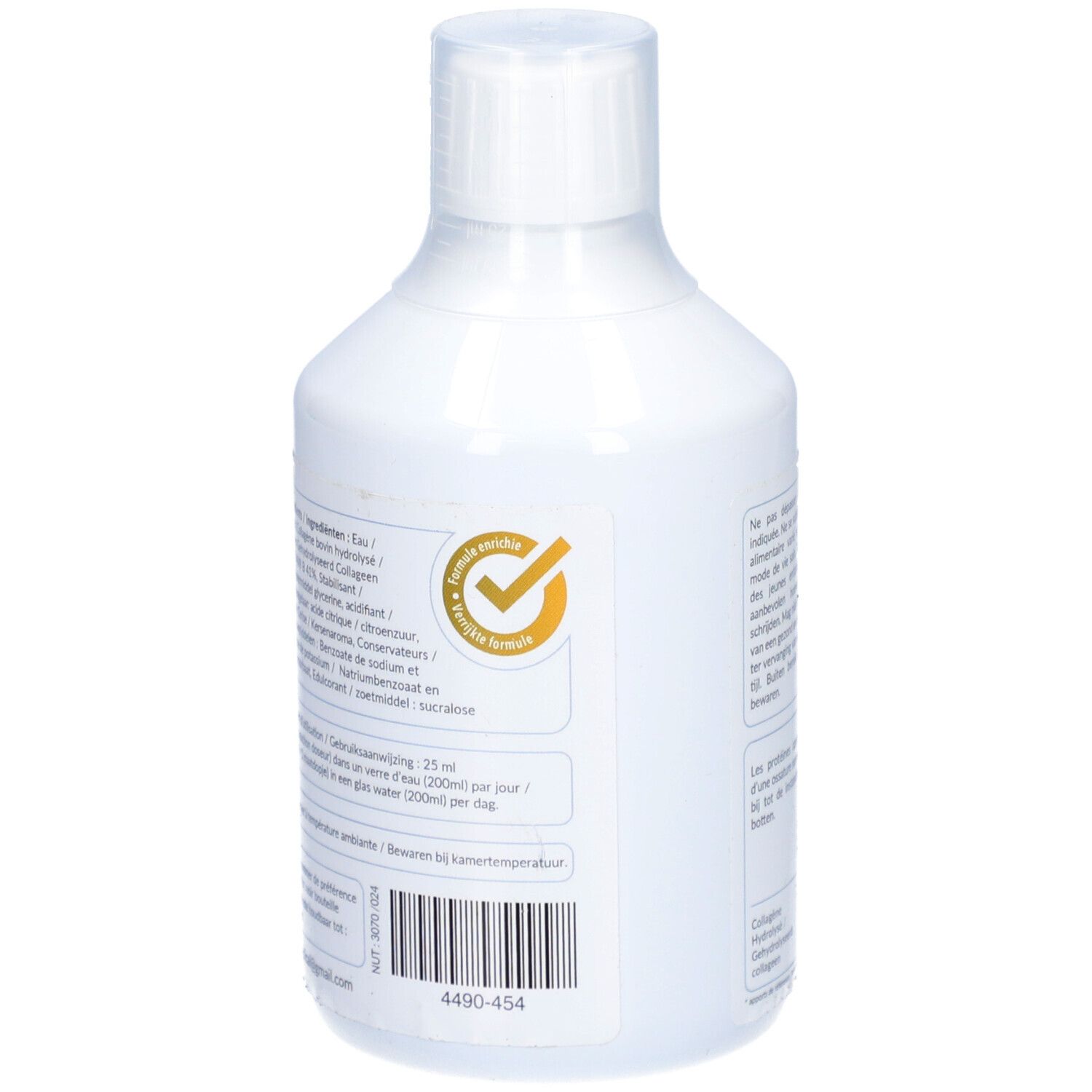 Bouteille blanche de CBF Collagène. Liste des ingrédients, sceau 'Formule Ferme'. Code-barres et numéro de lot.