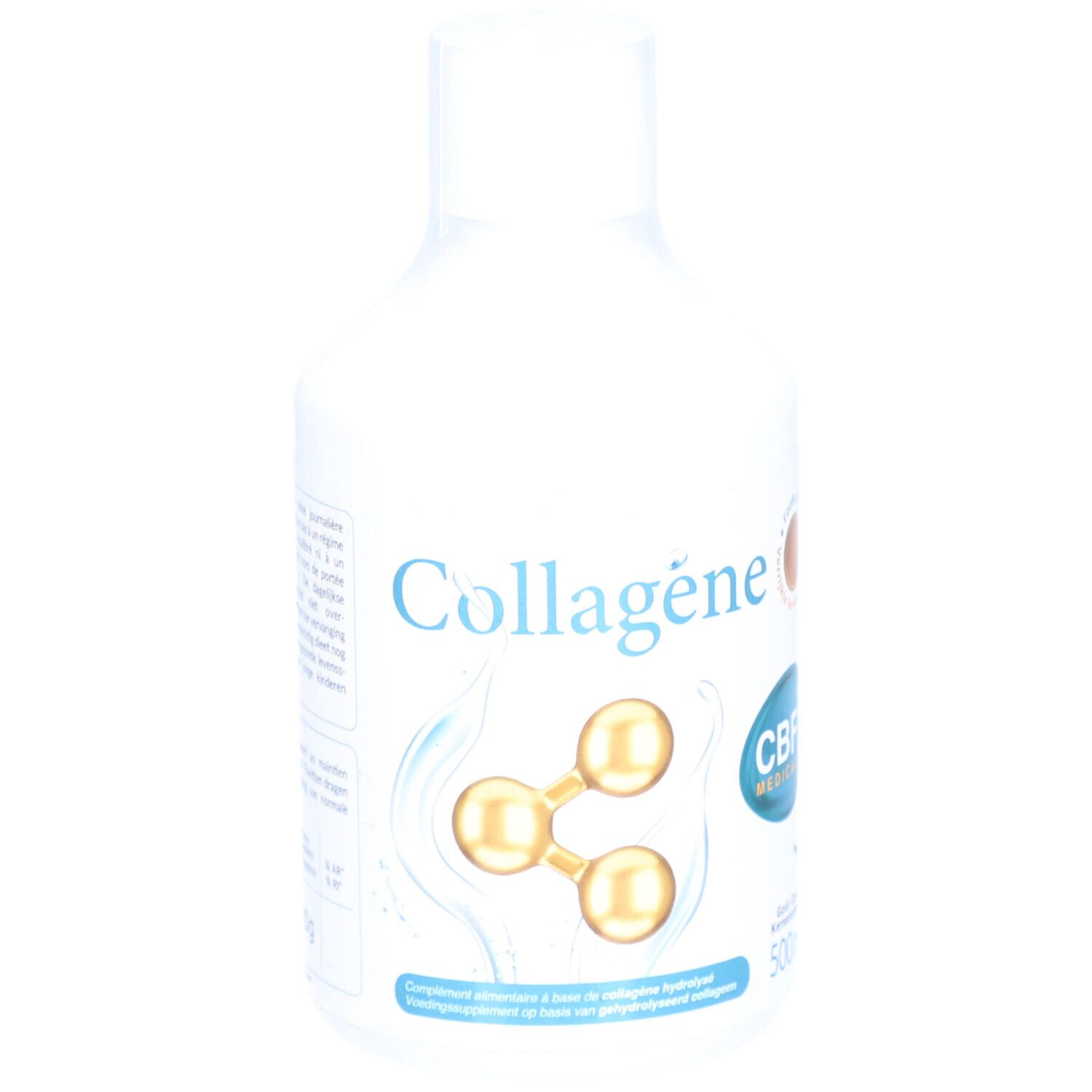 Bouteille blanche CBF Collagène. Inscription Collagène, illustration de molécules, logo CBF Medical. 500ml.