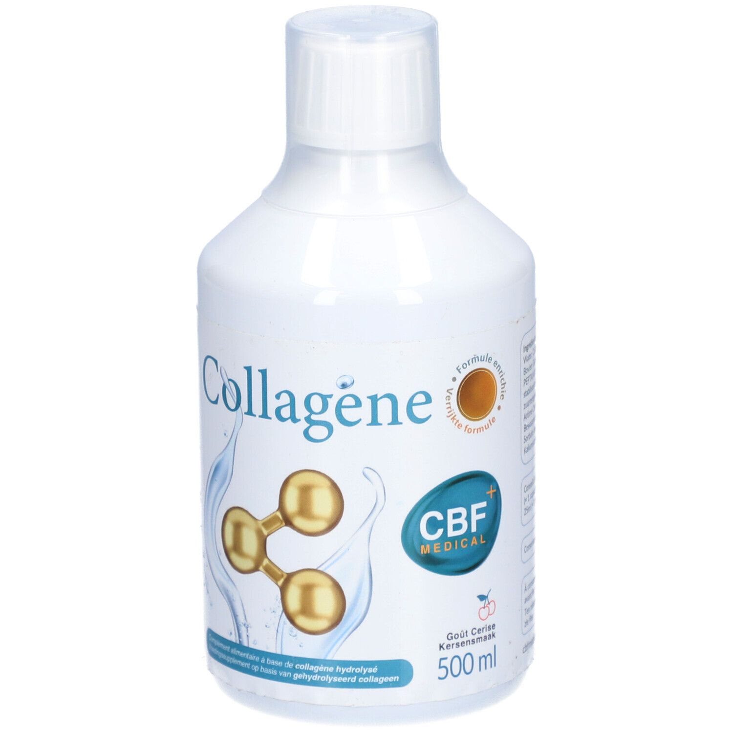Bouteille blanche CBF Collagène. Inscription Collagène, illustration de molécules, logo CBF Medical. 500ml, goût cerise.