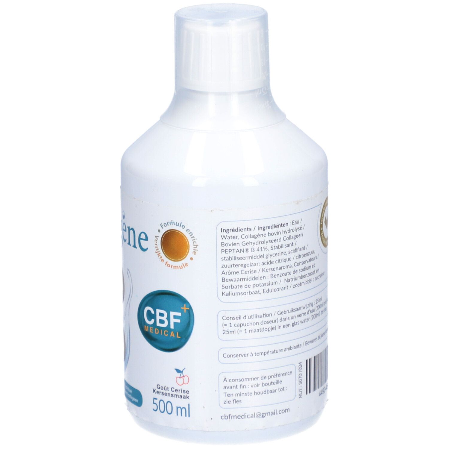 Bouteille blanche CBF Collagène. Liste des ingrédients, logo CBF Medical, goût cerise. 500ml. Conseils d'utilisation.