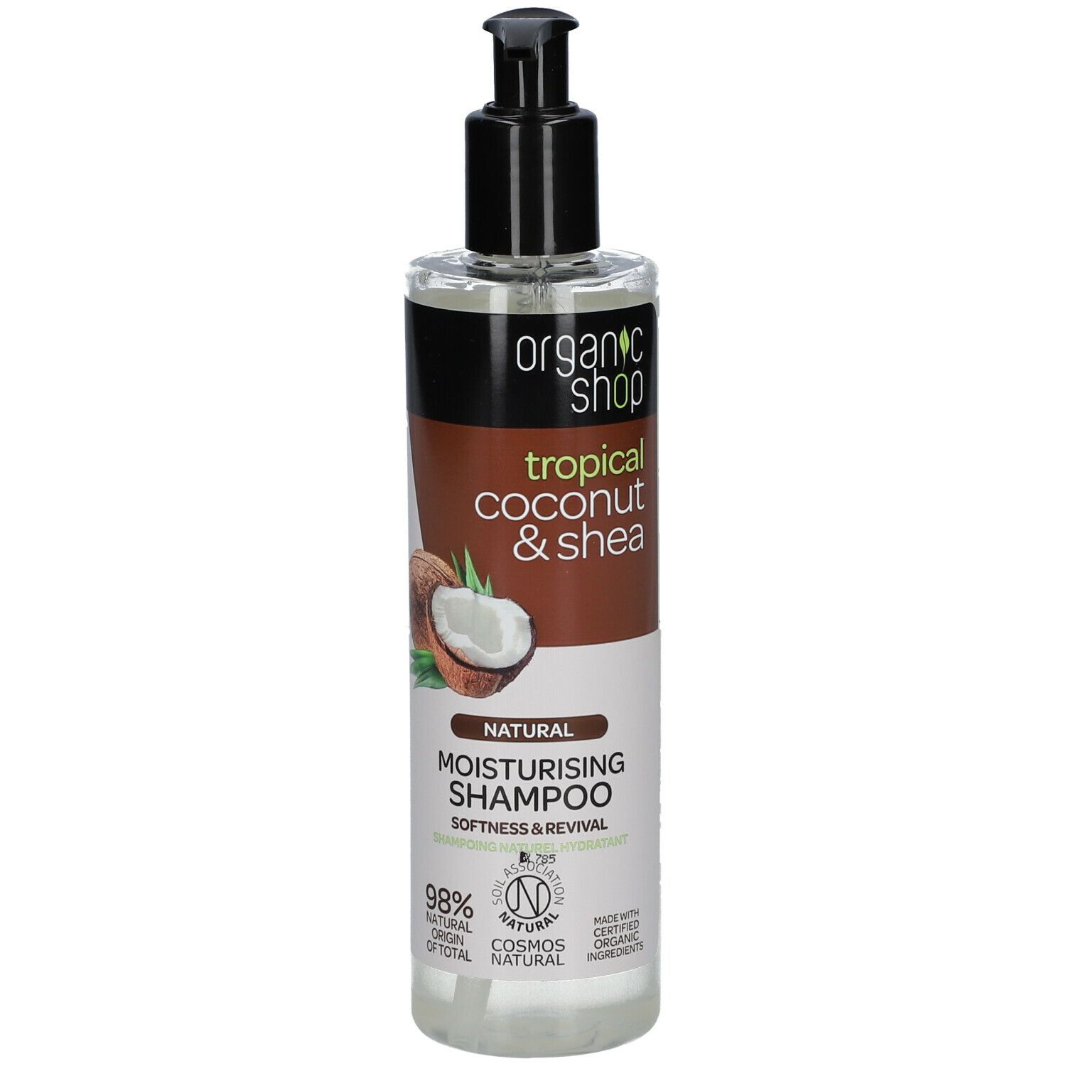 Shampoo fles met pomp. Opschrift: Organic Shop, tropical coconut & shea, Natural Moisturising Shampoo. Met afbeelding van kokosnoot.
