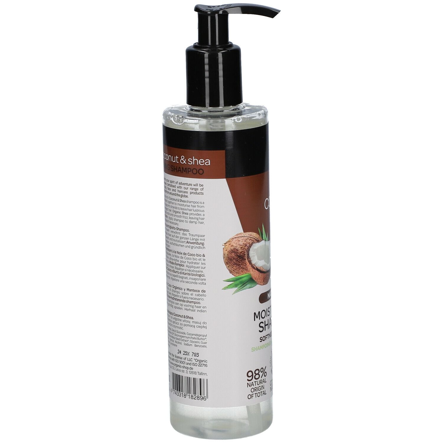 Shampoo fles met pomp. Achterkant met tekst. Opschrift: Organic Shop, tropical coconut & shea, Natural Moisturising Shampoo. Met afbeelding van kokosnoot.