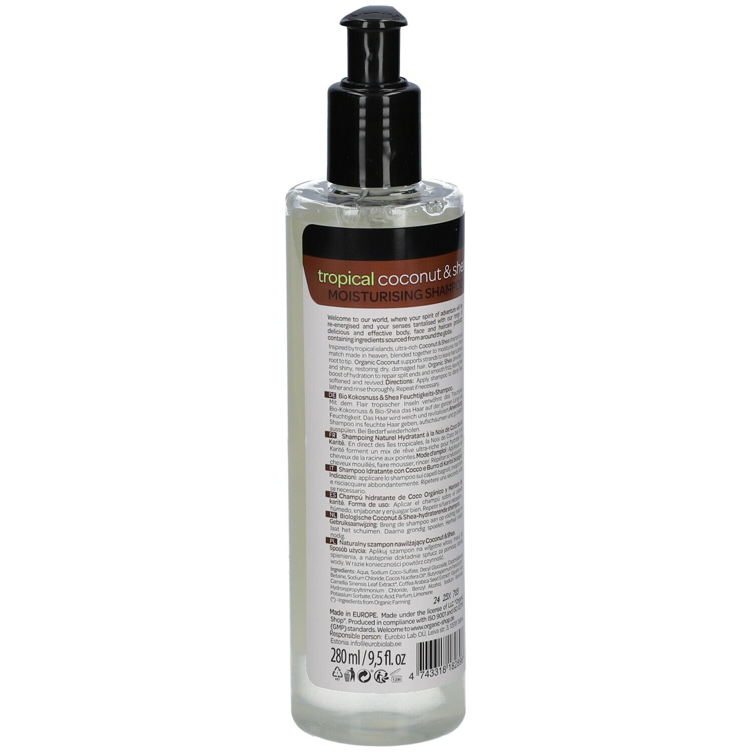 Shampoo fles met pomp. Achterkant met tekst. Opschrift: Organic Shop, tropical coconut & shea, Natural Moisturising Shampoo. Met afbeelding van kokosnoot.