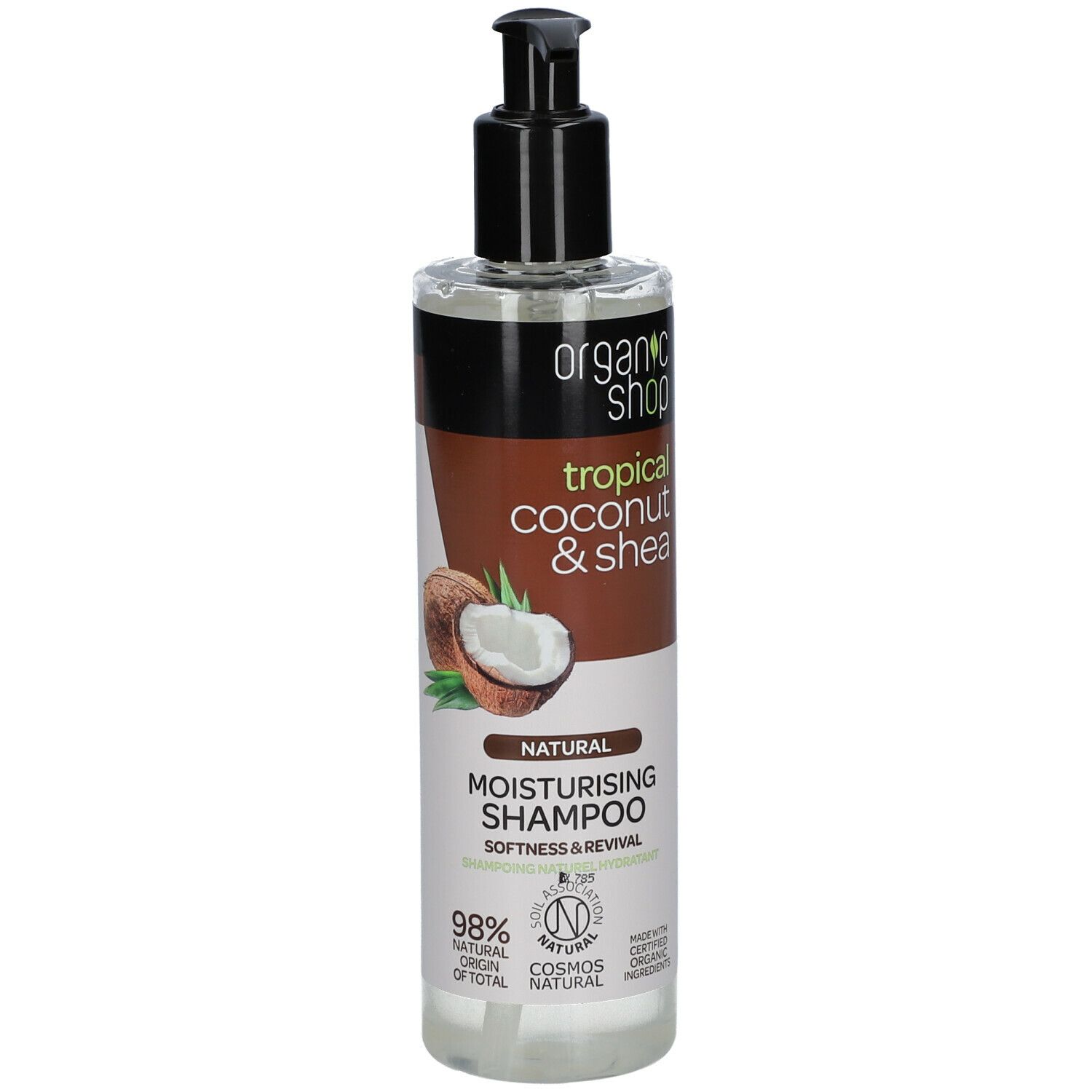 Shampoo fles met pomp. Opschrift: Organic Shop, tropical coconut & shea, Natural Moisturising Shampoo. Met afbeelding van kokosnoot.