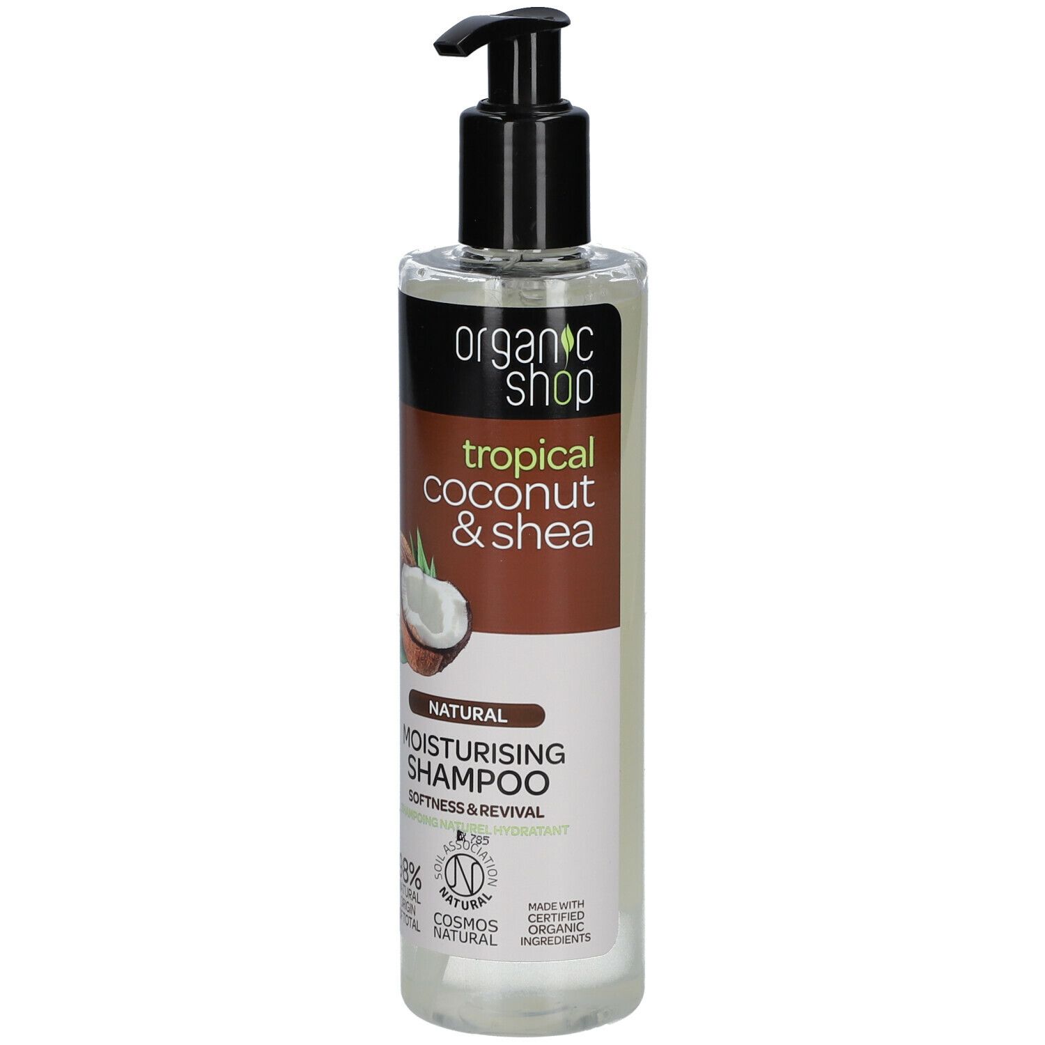Shampoo fles met pomp. Opschrift: Organic Shop, tropical coconut & shea, Natural Moisturising Shampoo. Met afbeelding van kokosnoot.